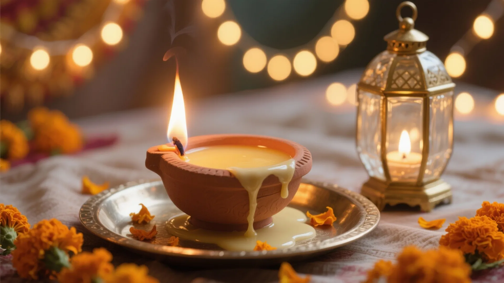 Layered diyas, lanterns, and fragrance