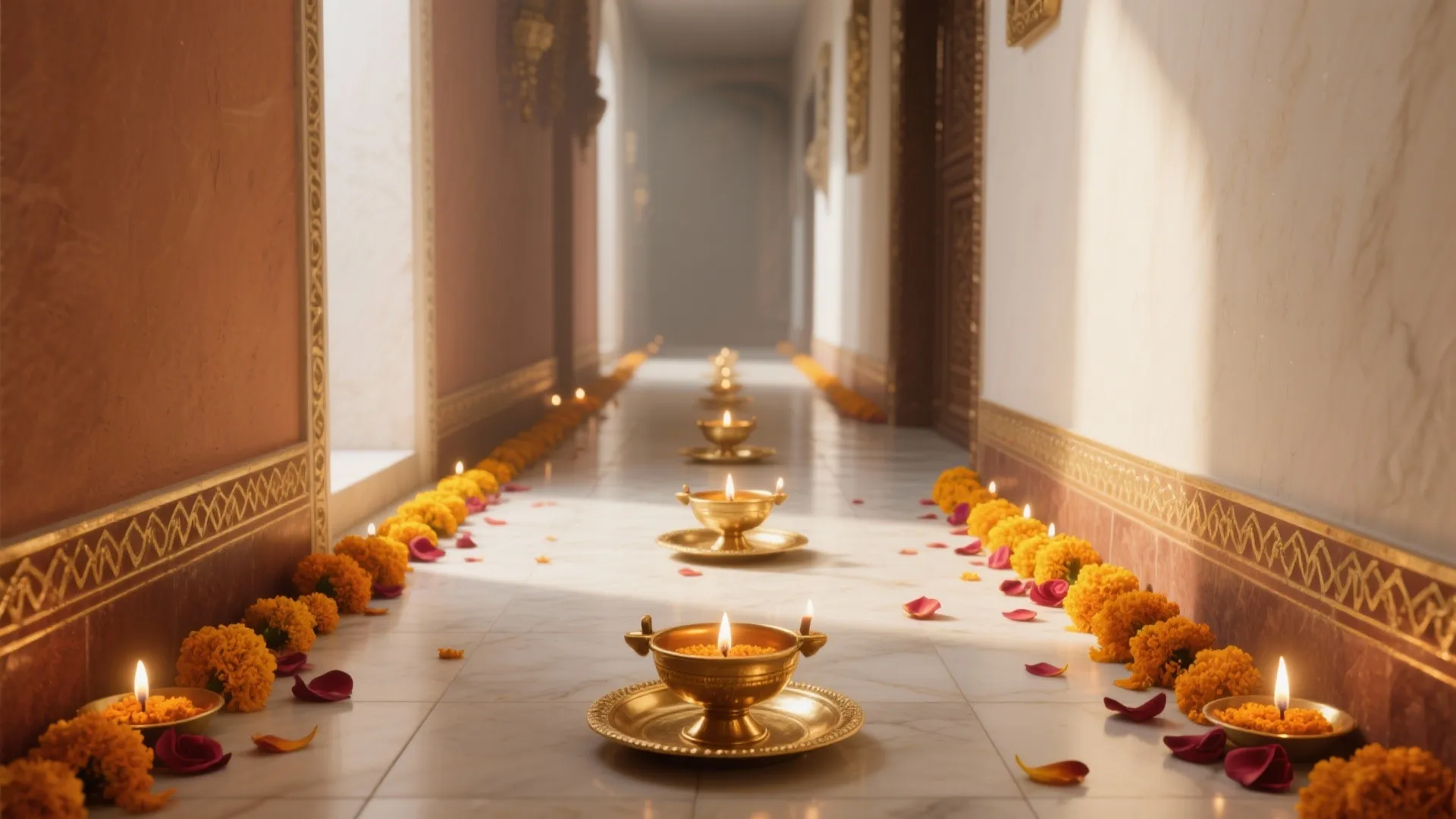 Diya and Petal Pathway into the Pooja Room