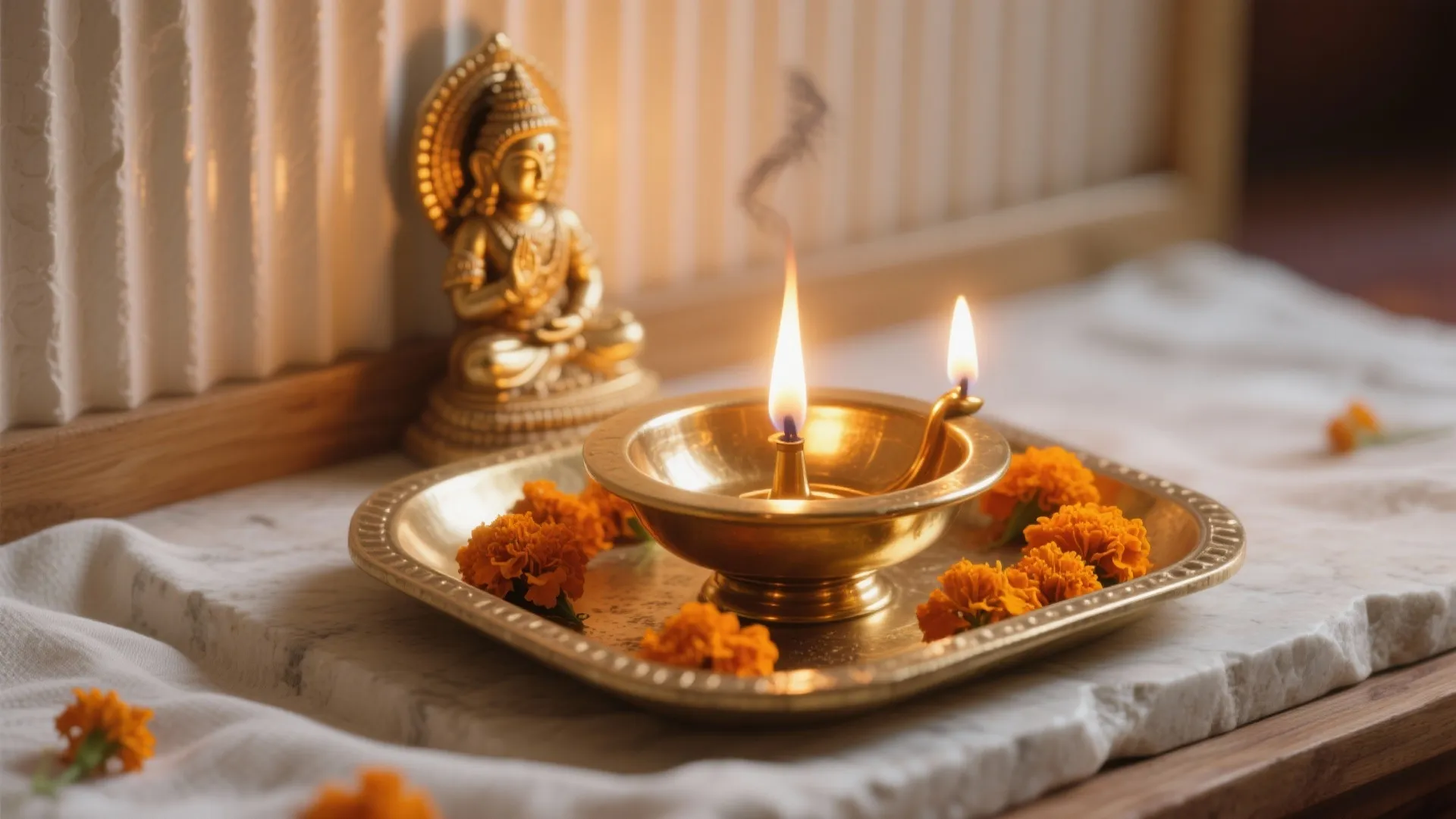 Close up of a small gold oil lamp on a metal tray with orange flowers