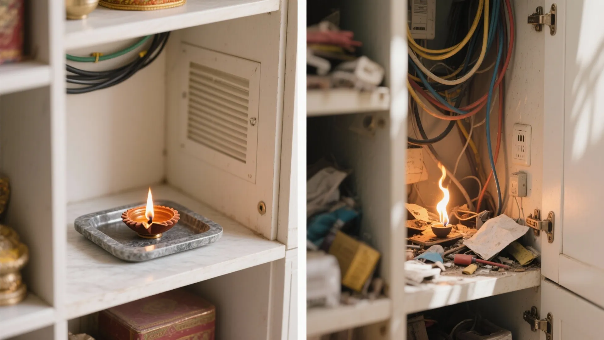 Side by side comparison showing safe lamp placement on shelf versus dangerous lamp near wiring
