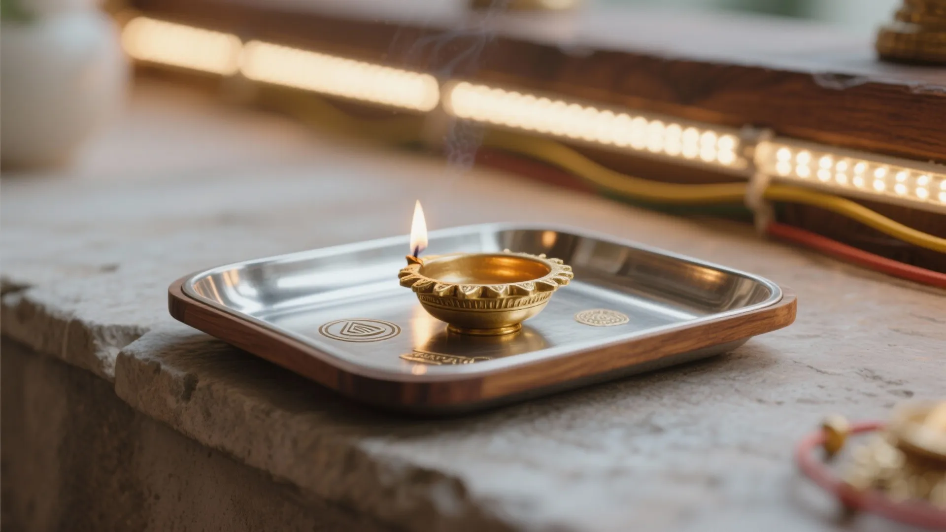 Close-up of a diya on a metal tray with warm LED backlight and neat wiring for a compact pooja niche.