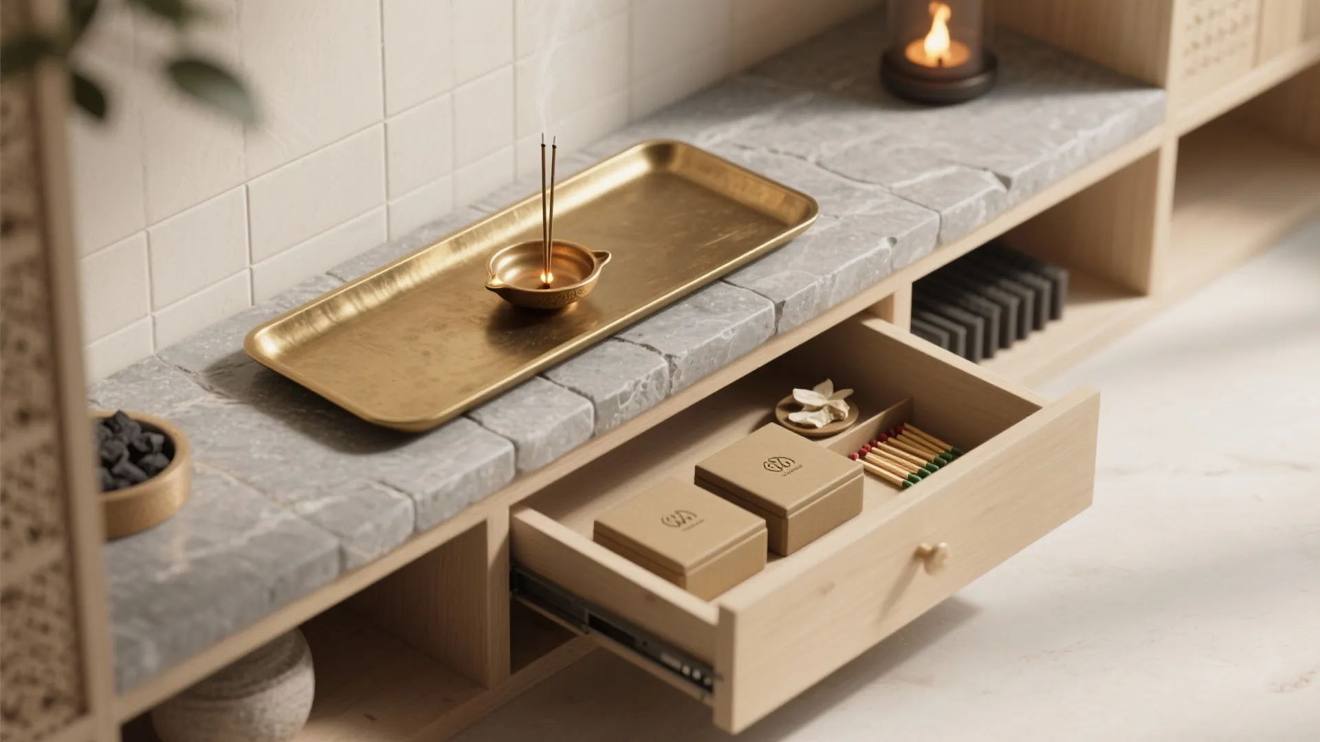 Wooden cabinet with open drawer holding small boxes and matches next to a gold tray