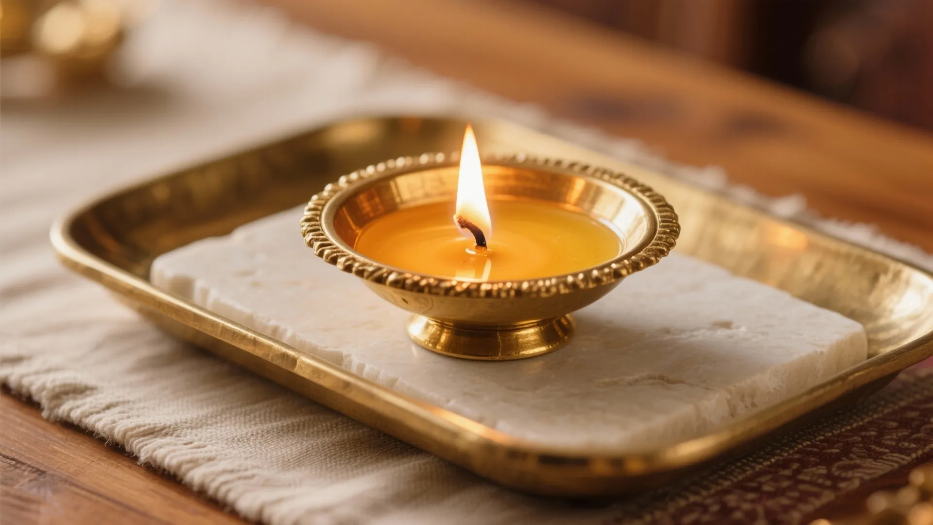 Macro of a brass diya burning on a stone tray with warm, soft light and safe spacing from wood.