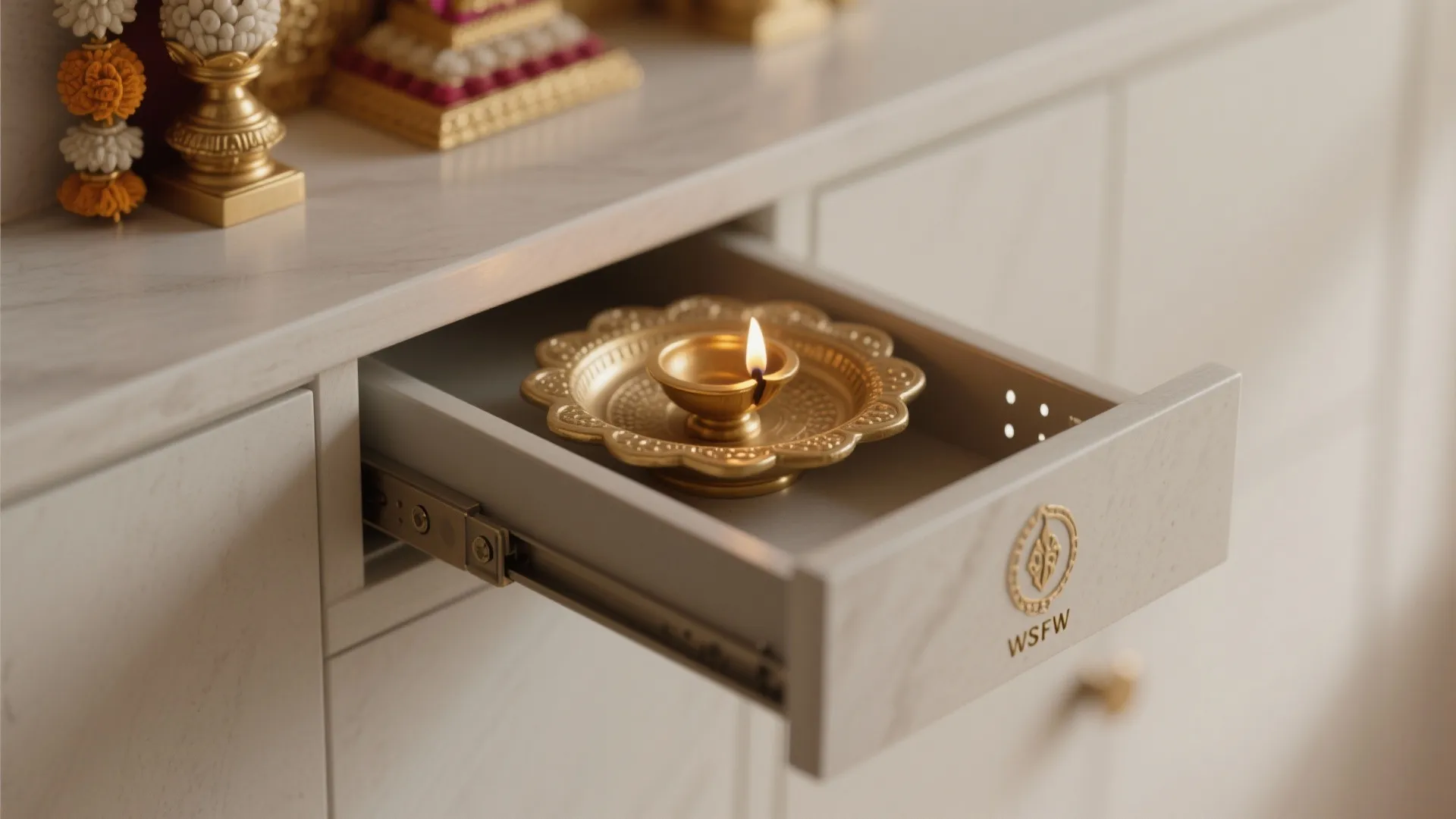 Wall-mounted minimalist mandir with concealed storage