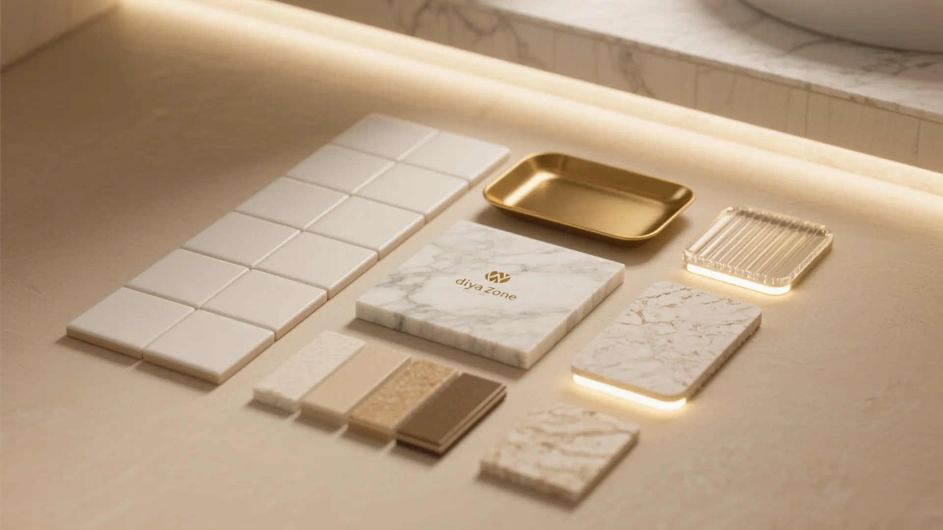 Material flatlay with satin-glazed small tiles, honed marble, brass tray, and grout swatches.