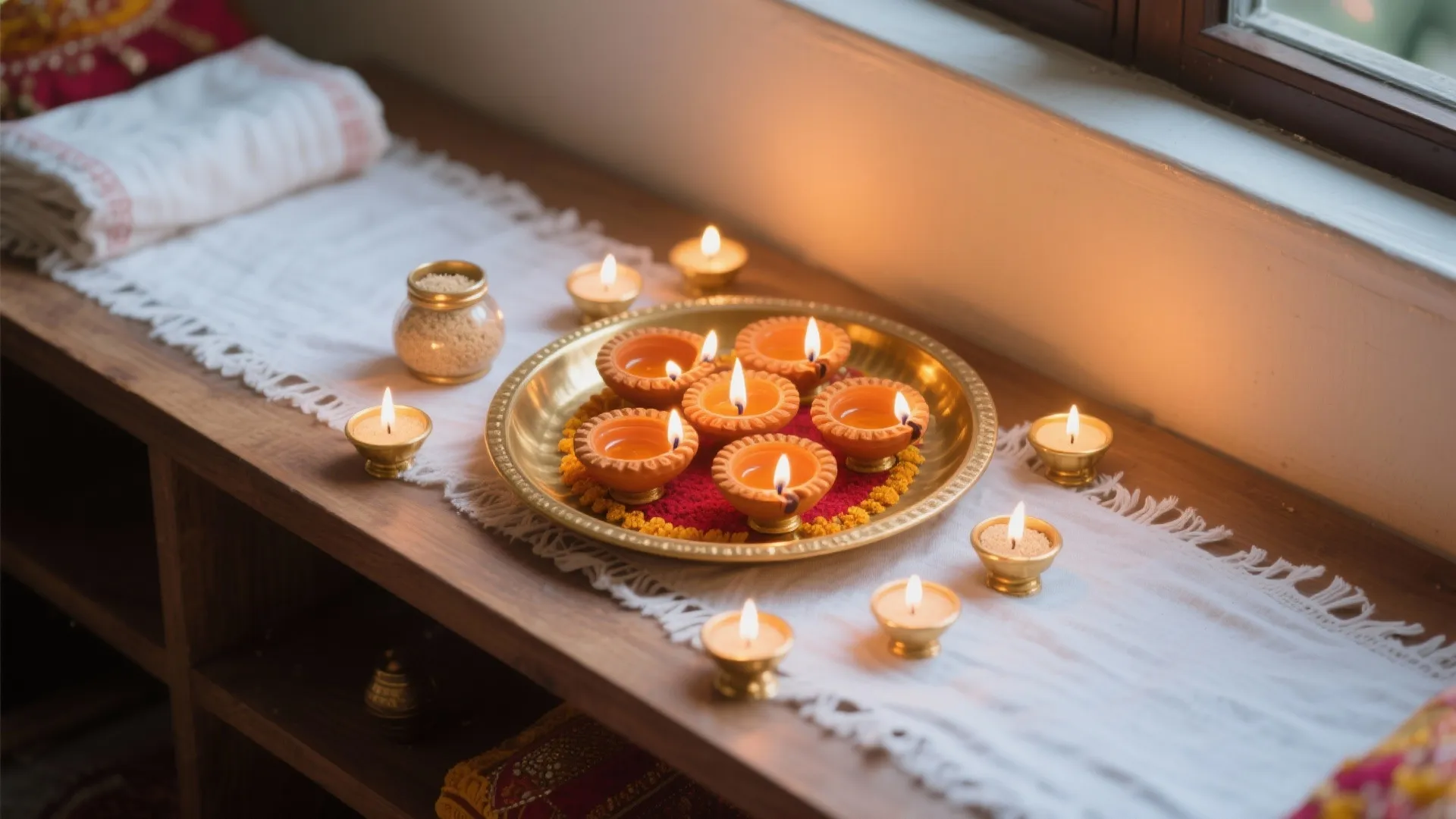 Top-down safe diya layout with central brass tray, warm LEDs around, stable holders, and clear spacing for Diwali pooja.