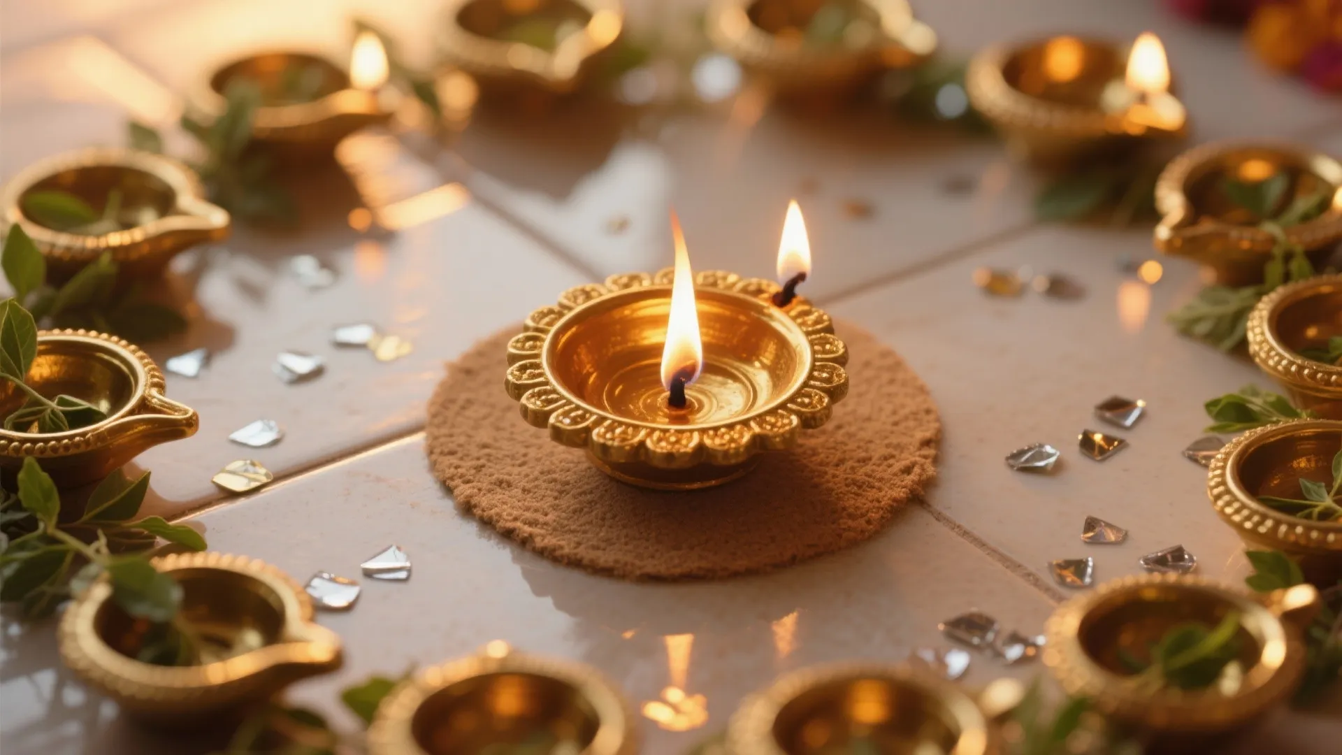 Traditional gold clay oil lamps with bright flames placed on white floor for festive home decoration