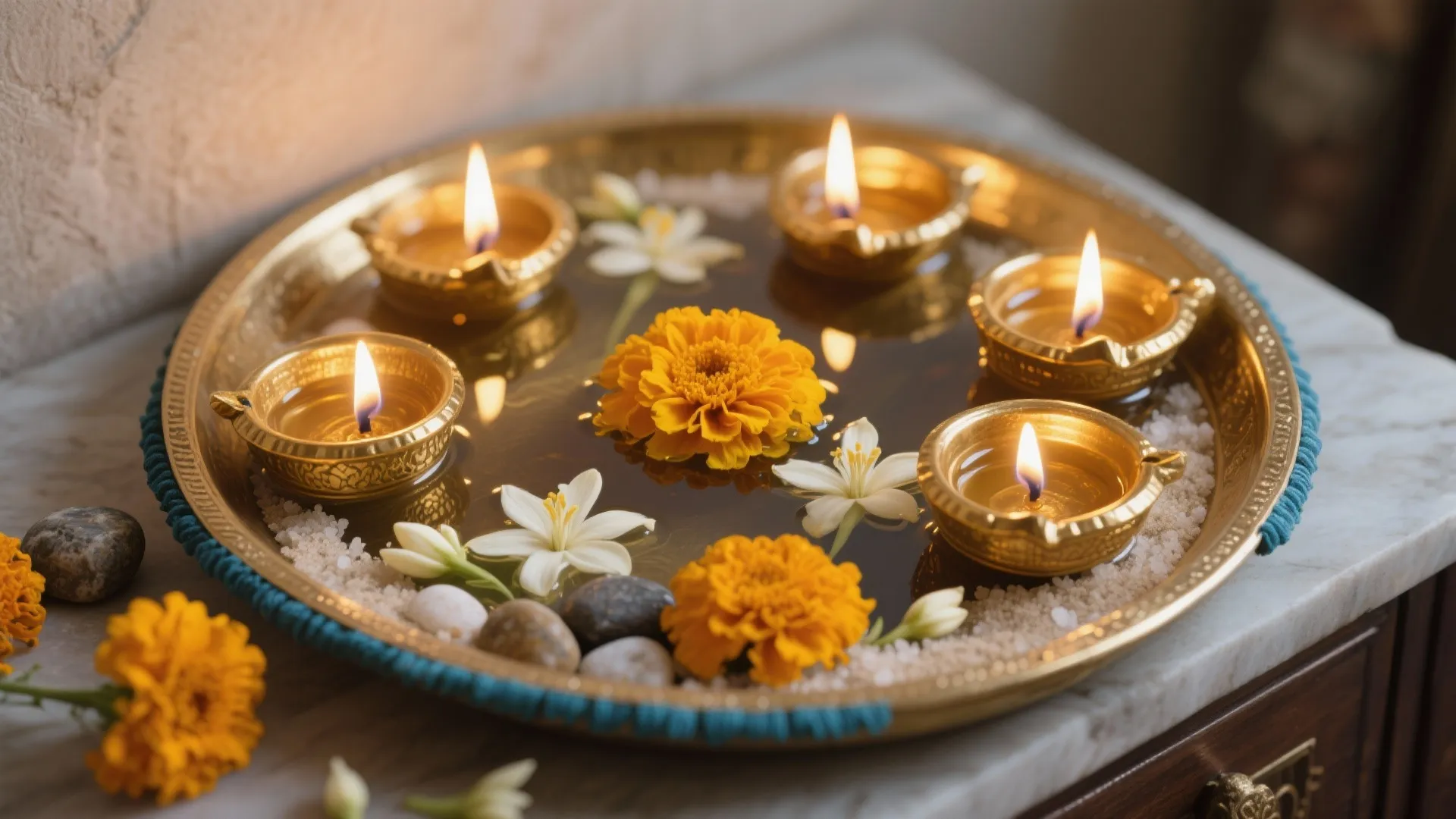 Brass Diyas & Urli Centerpiece