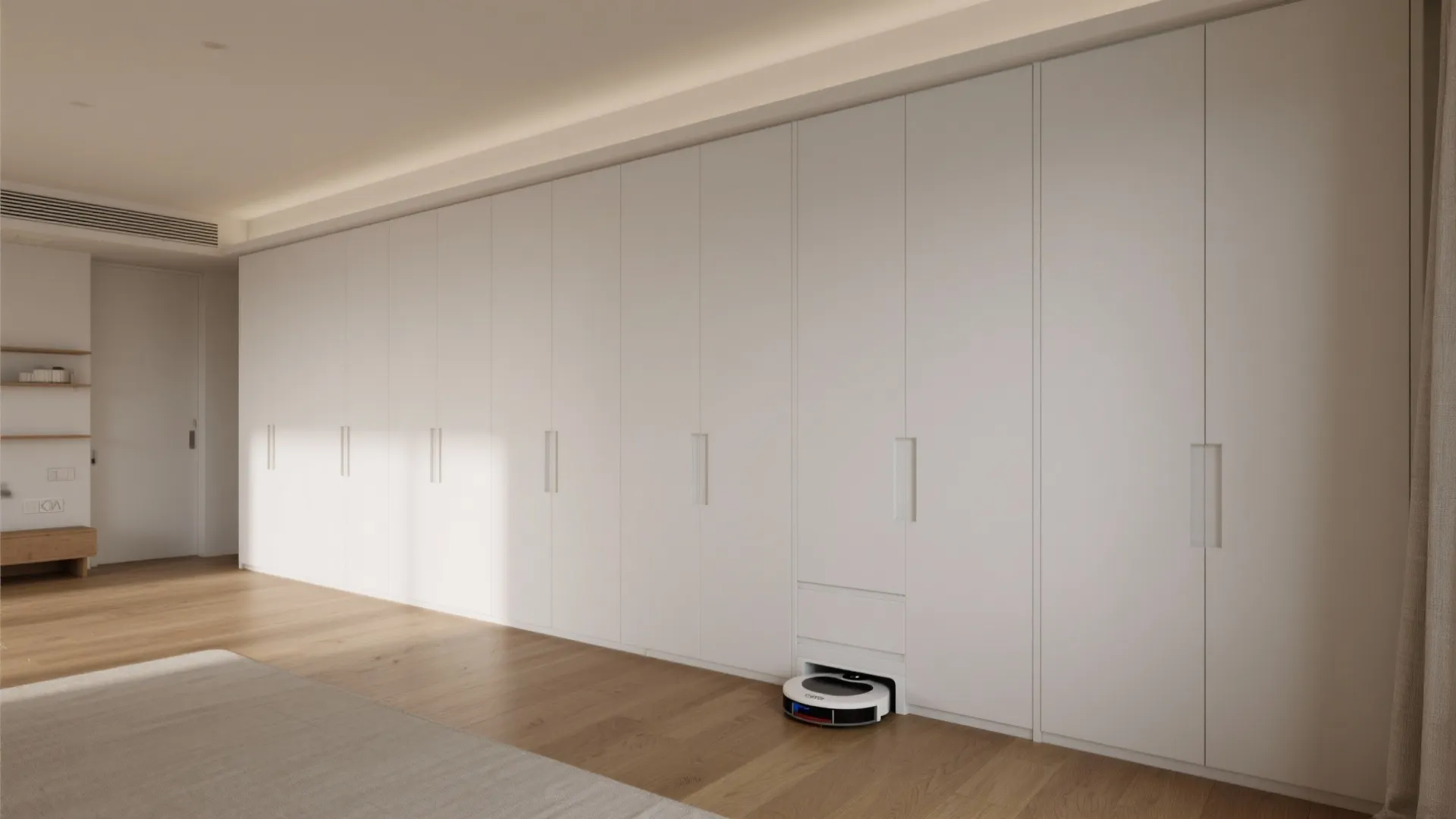 Tips 2: 収納は“線”で考える。壁一面に集約して床を解放（収納技巧）