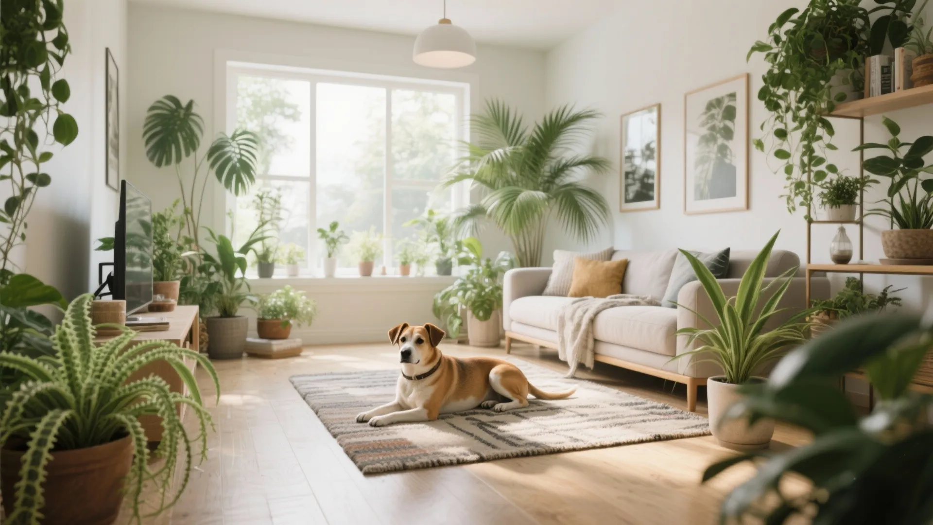 Bright living room with dog-safe plants and a dog
