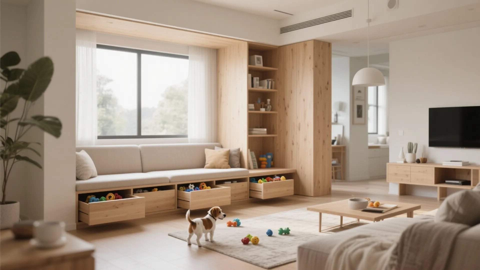 Living room bench with drawers for dog toys