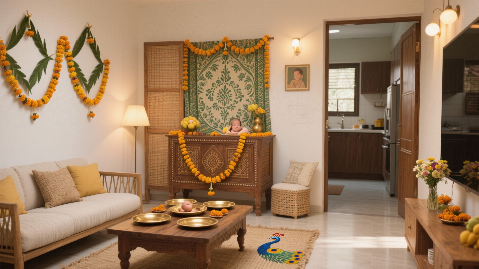 Cozy Living Room With Indian Cultural Decorations created on Craiyon, image size:1920x1080