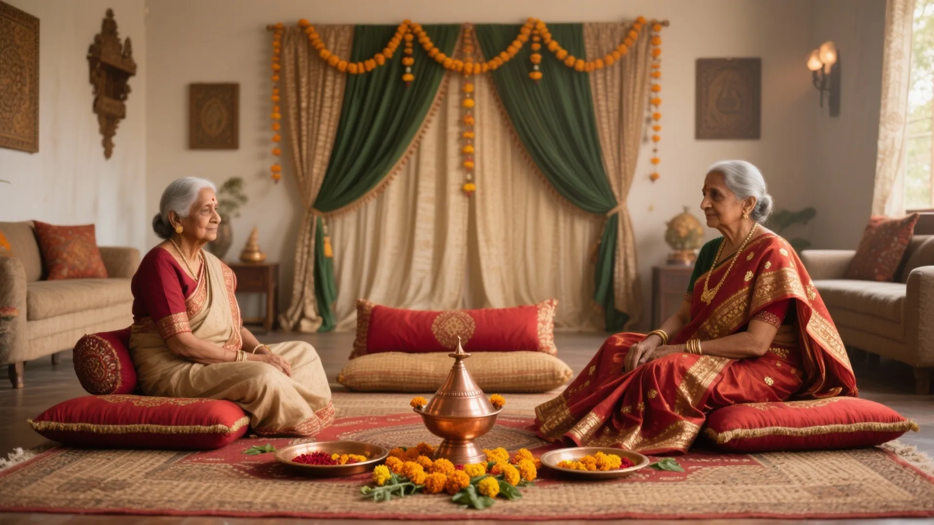 3) Dohale Jevan Stage: Low Seating, Saree Drapes, Haldi–Kumkum Palette