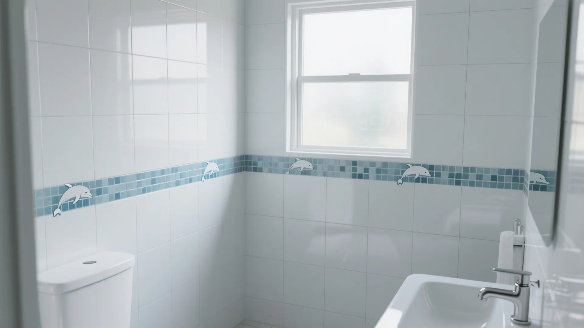 Modern bathroom with white wall tiles featuring a blue mosaic dolphin border and small window