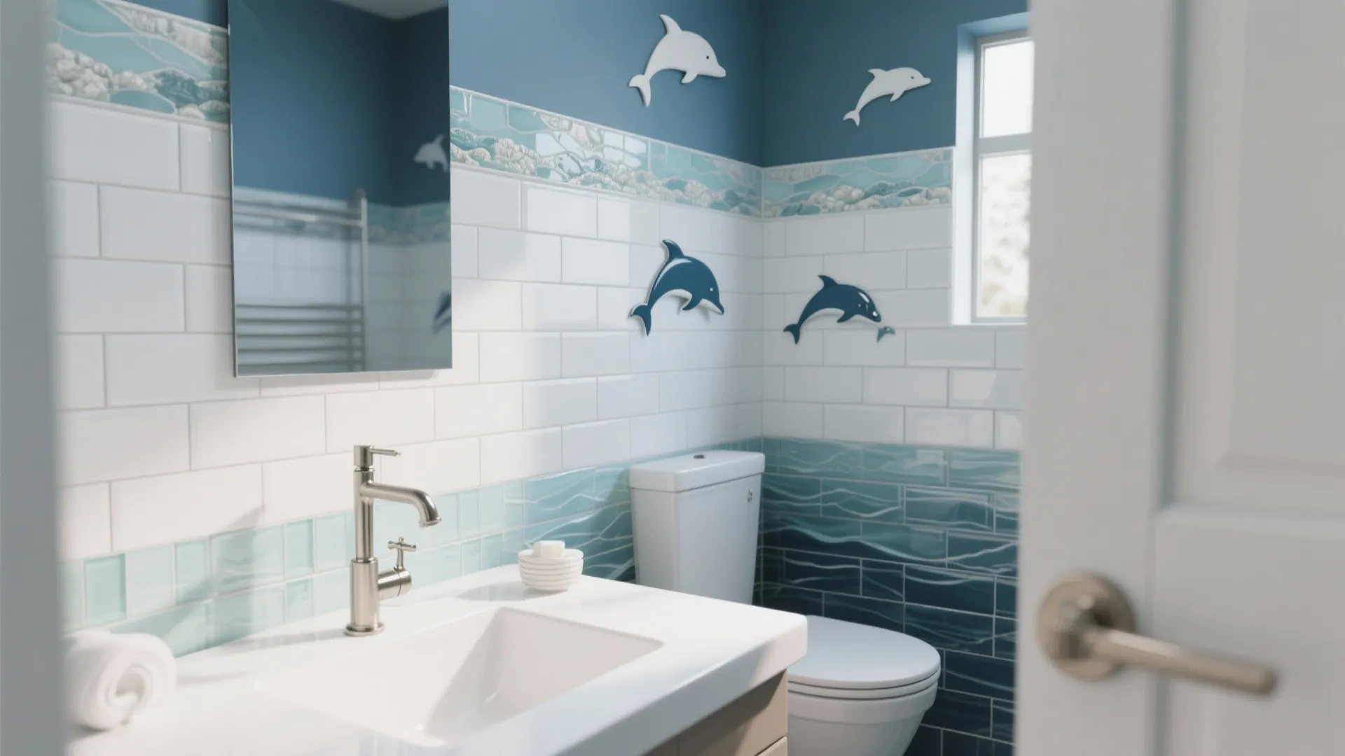 Modern blue and white bathroom featuring dolphin wall stickers with a white sink and mirror