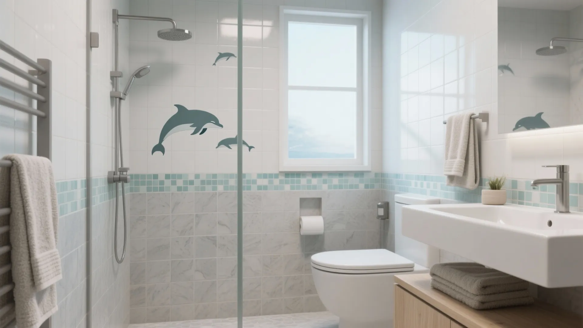 Bright bathroom with dolphin wall stickers a white toilet a sink and a glass shower