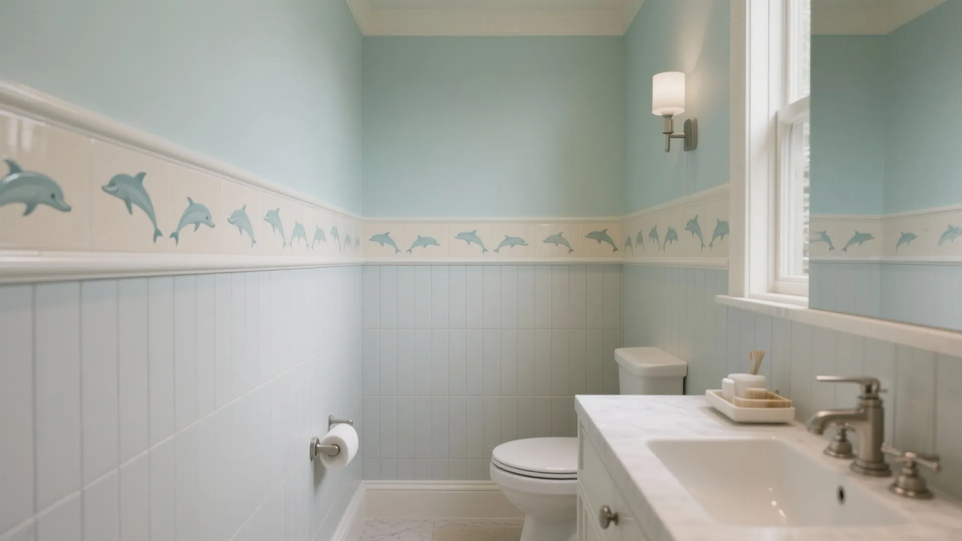 Light blue bathroom with dolphin pattern tile border white toilet sink and a wall light