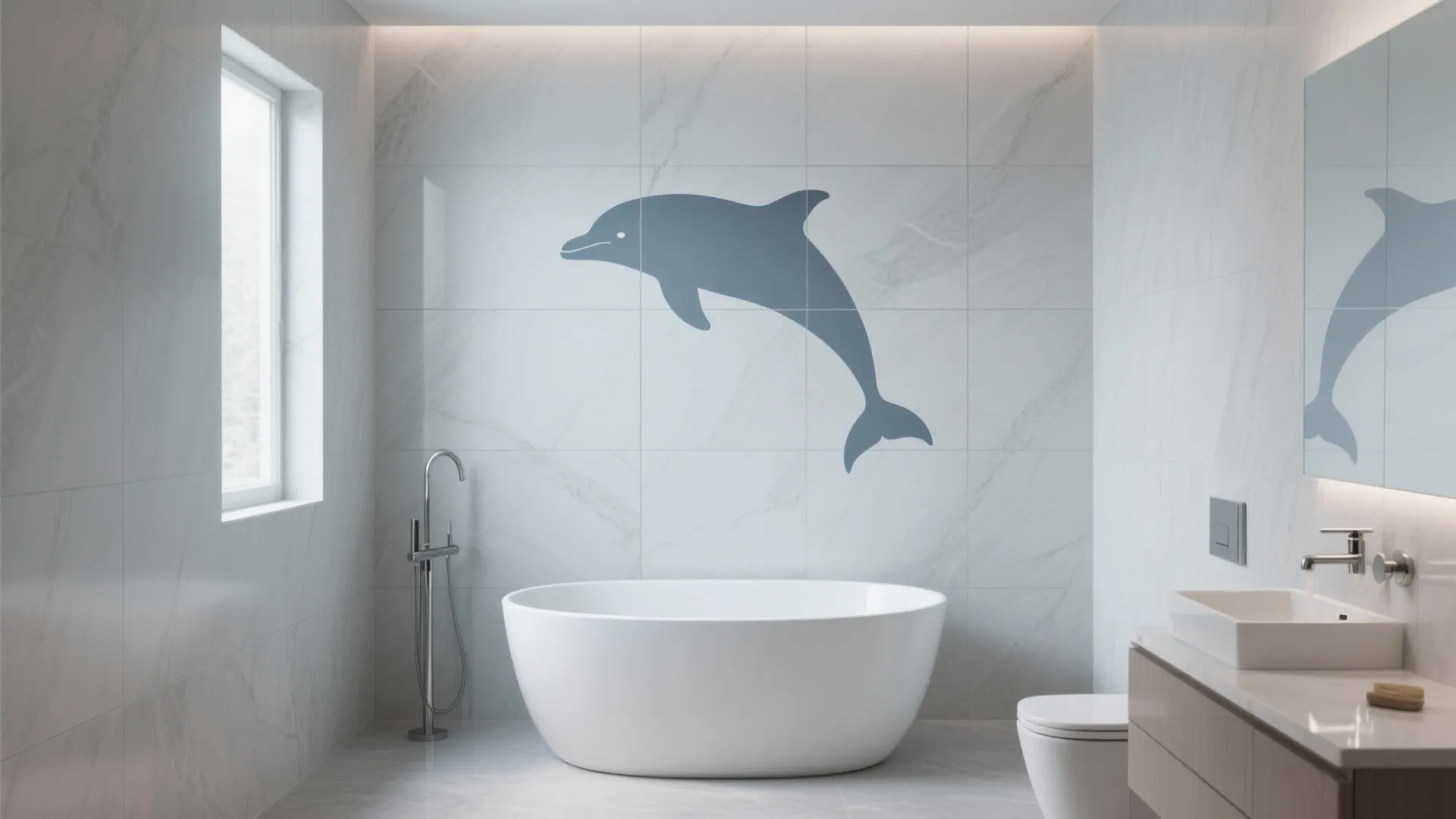 Modern bathroom with white bathtub and large blue dolphin wall sticker on grey marble tile
