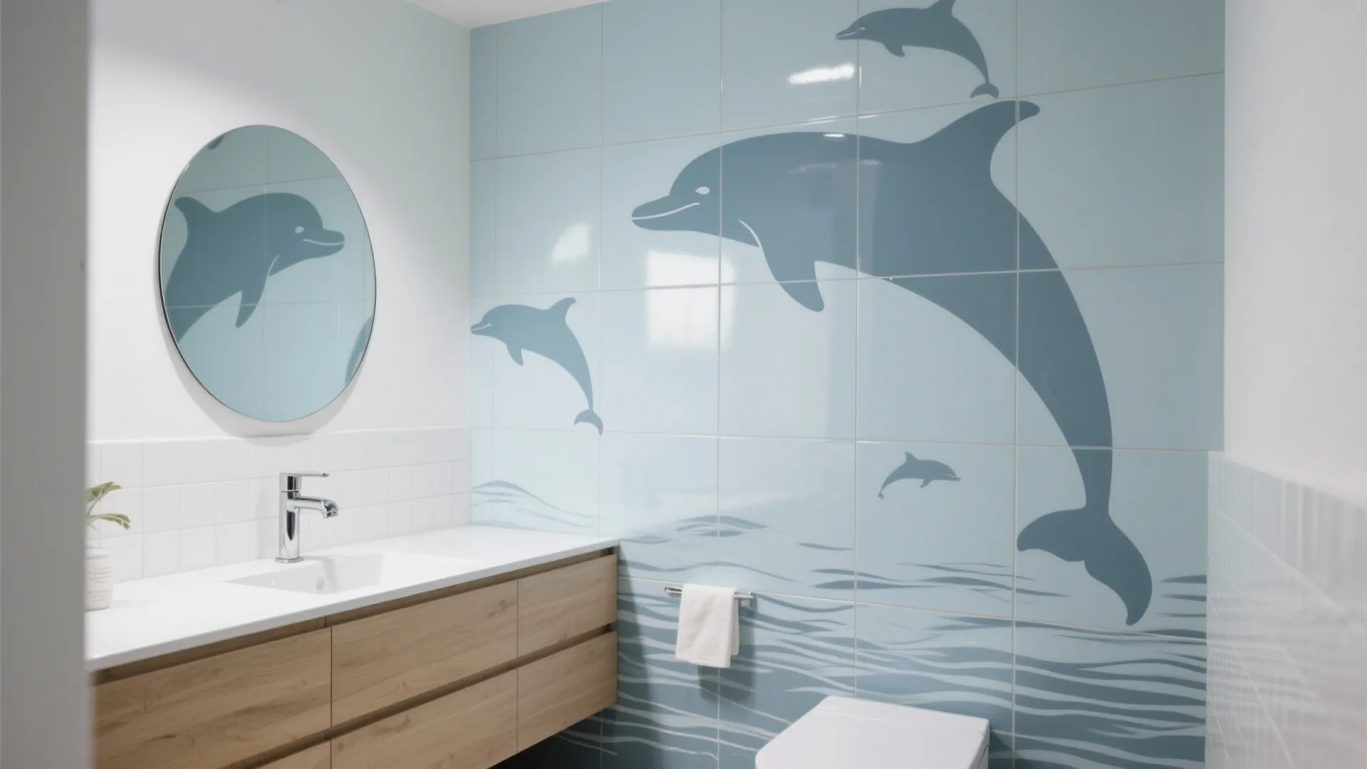 Bathroom interior with blue dolphin wall tiles wooden cabinet white sink and a round mirror