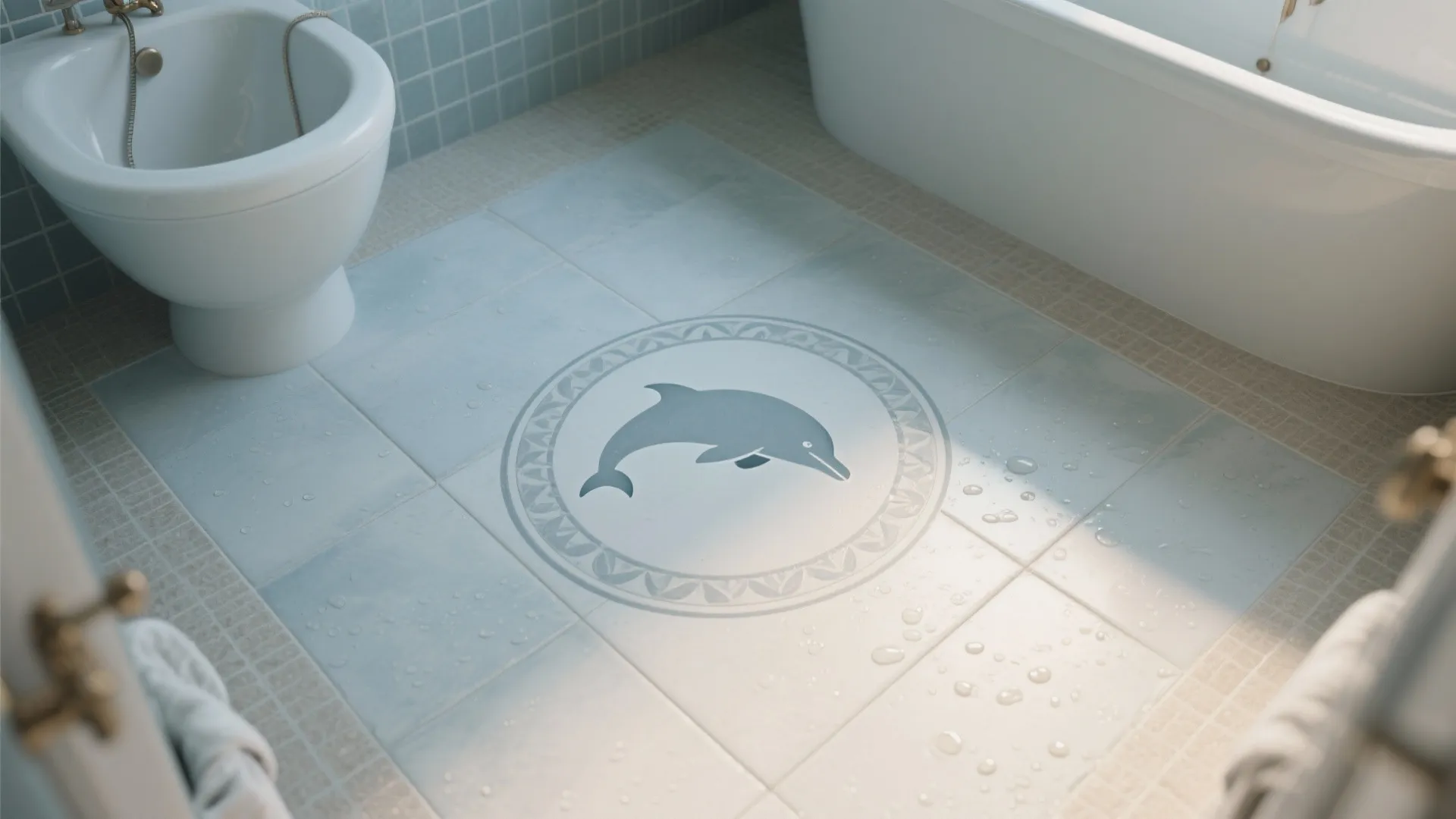 Light blue bathroom floor tiles with dolphin pattern beside a white bathtub and natural light