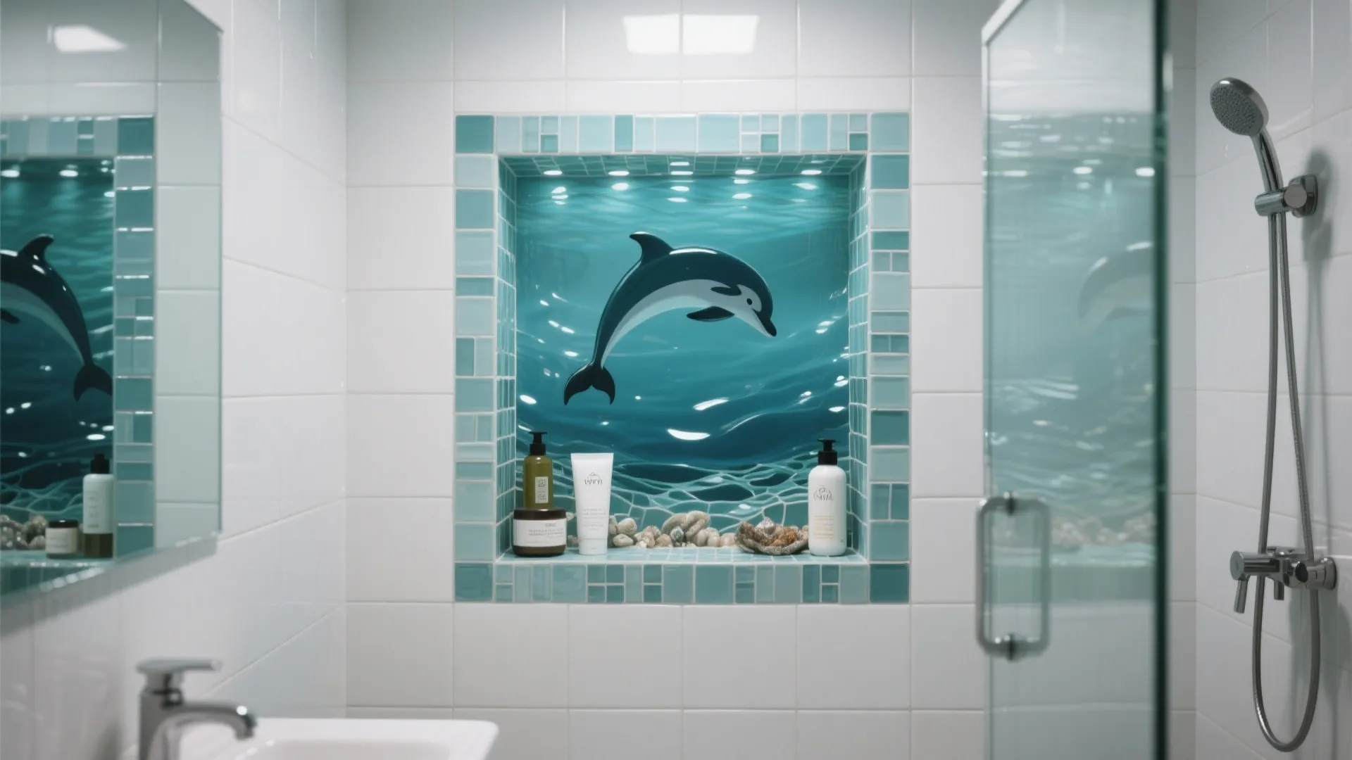 Modern bathroom featuring a wall niche with blue dolphin mosaic tiles and various bottled toiletries