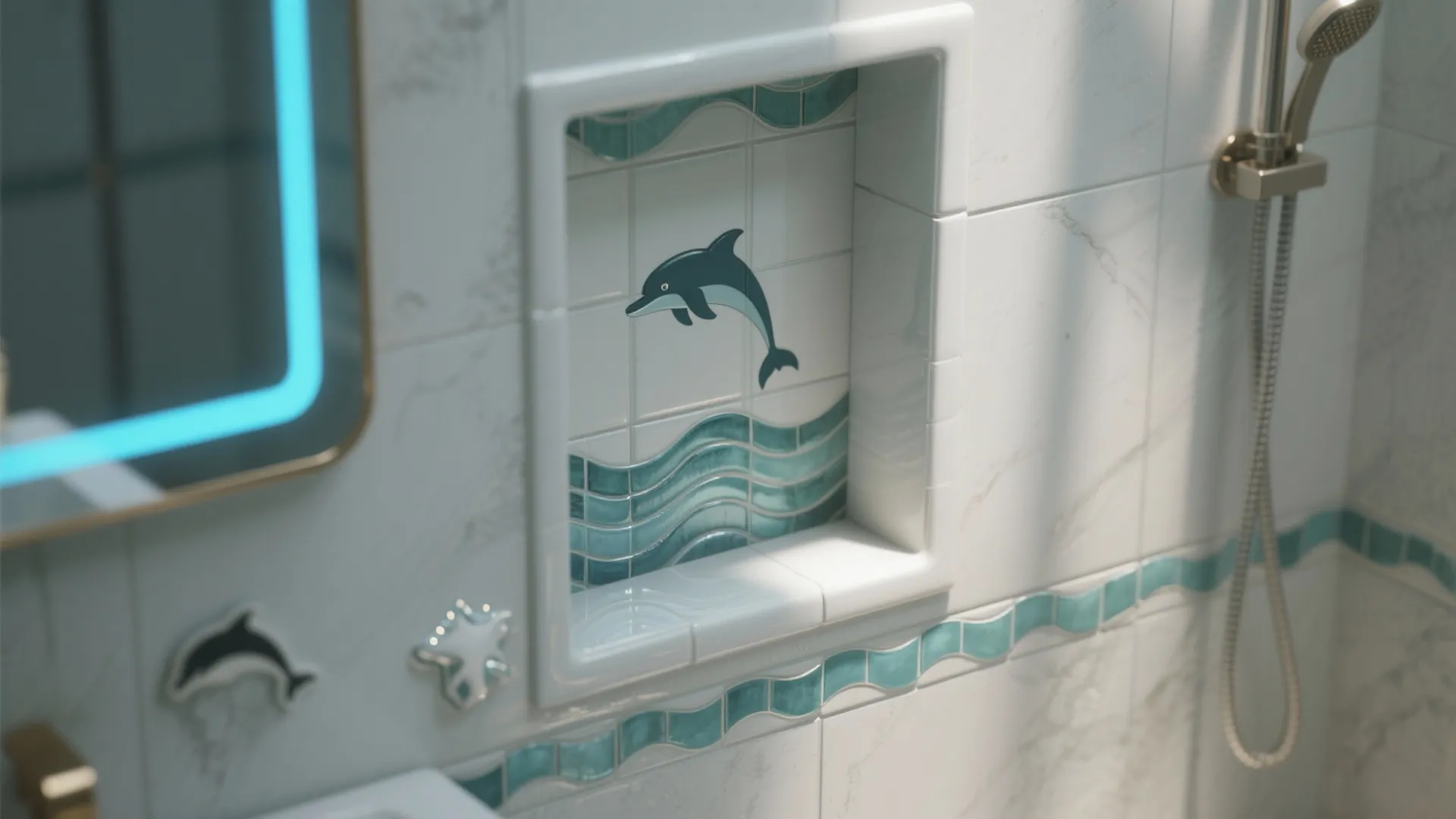 White bathroom wall niche with a blue dolphin tile design and wavy green wall border