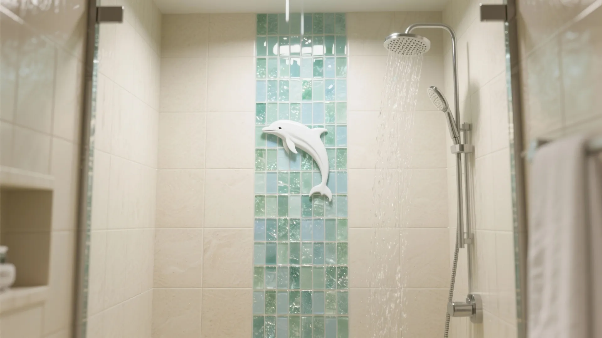 Modern shower area with running water, blue mosaic wall tiles, and white dolphin shaped decoration