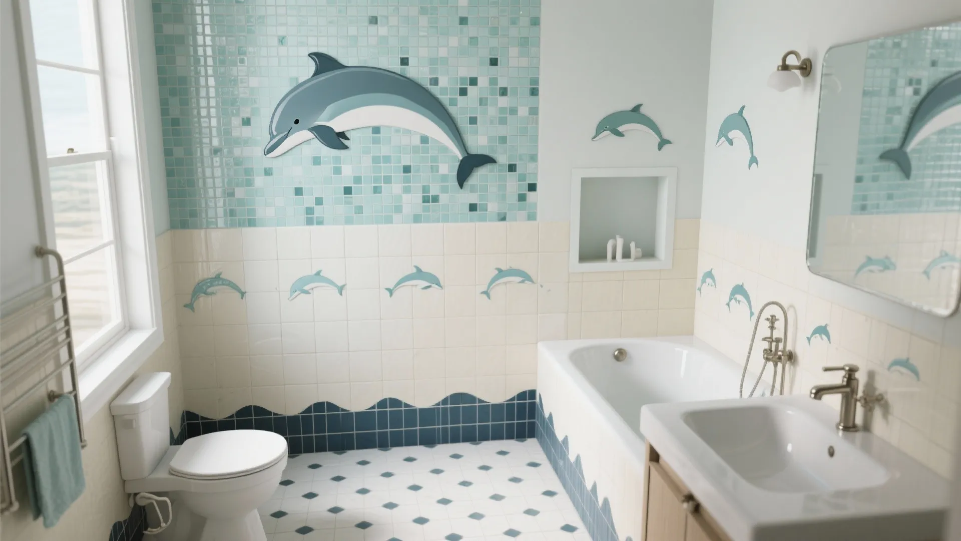 Kids bathroom featuring blue dolphin wall art mosaic tiles white bathtub sink mirror and toilet