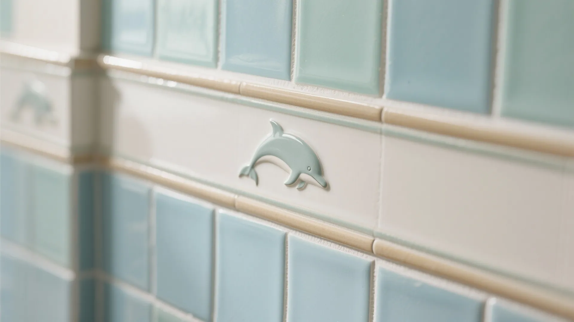 Close up view of light blue bathroom wall tiles featuring a small green dolphin decorative