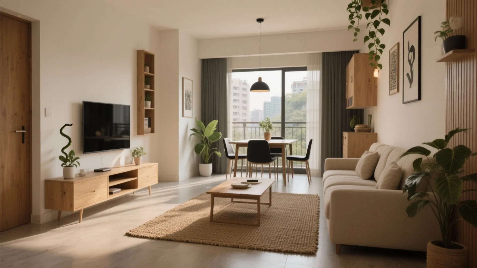 Bright living room featuring a beige sofa wooden TV stand dining table and large glass windows