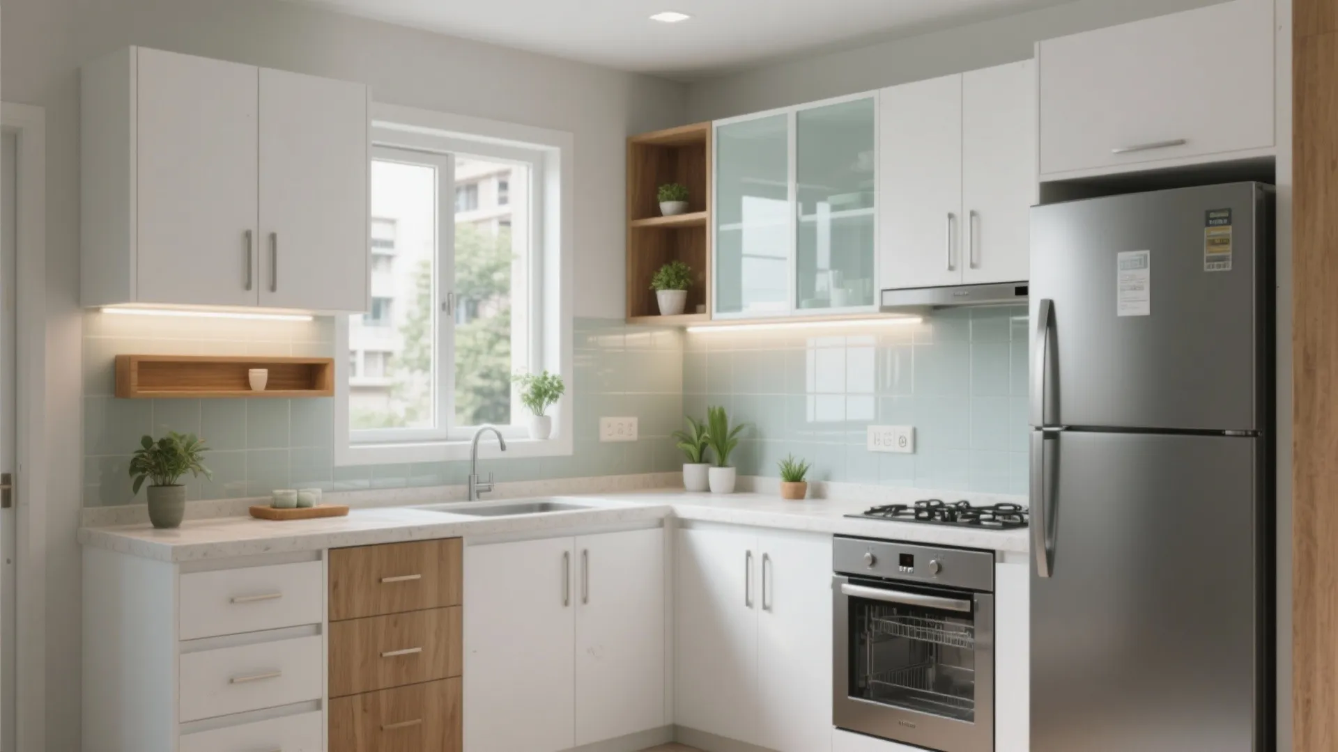Modern white and wood kitchen with grey fridge oven stove sink windows and small green plants
