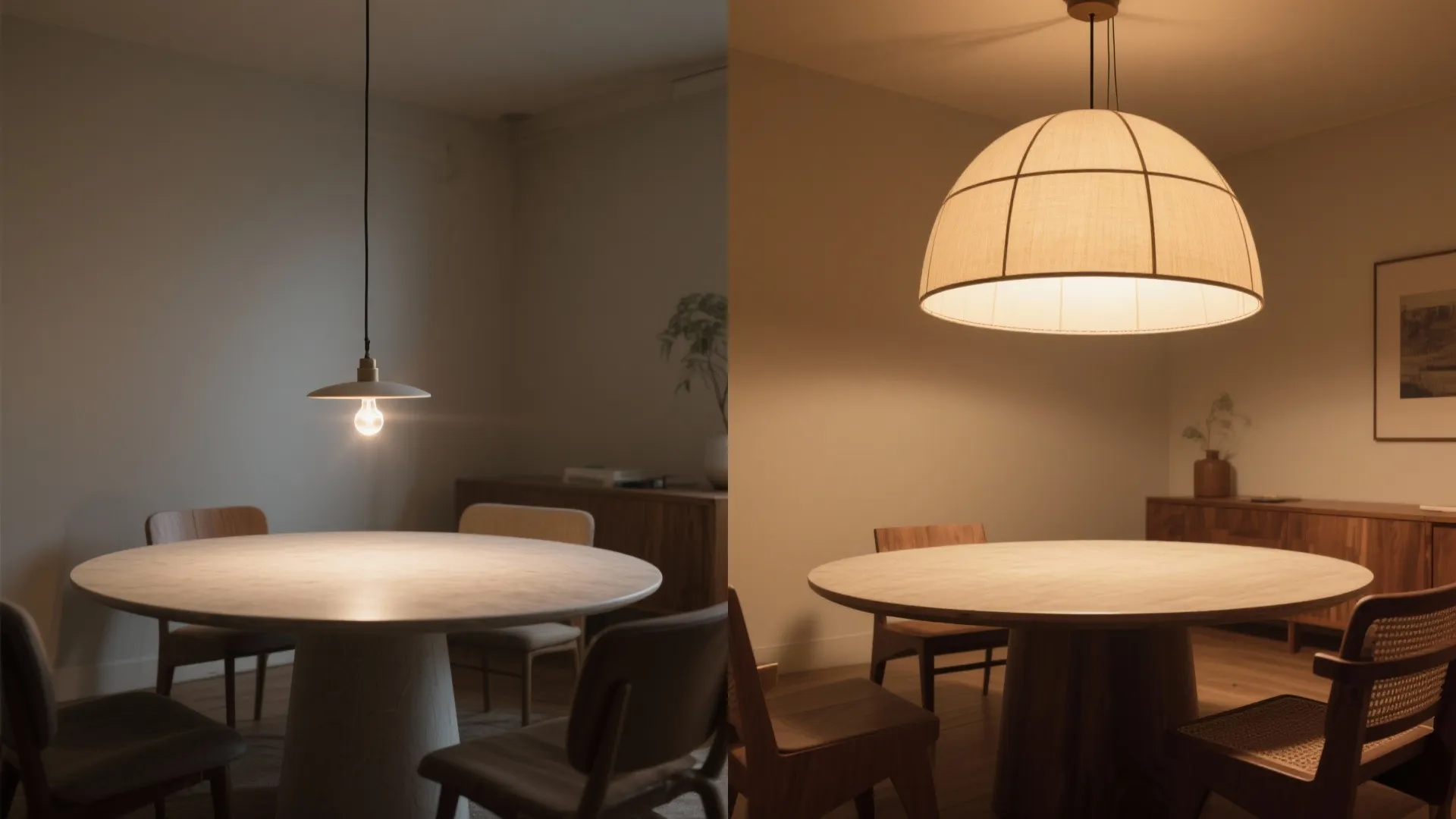 Before-and-after of a round dining table lighting, from bare bulb glare to a scaled drum with diffuser.