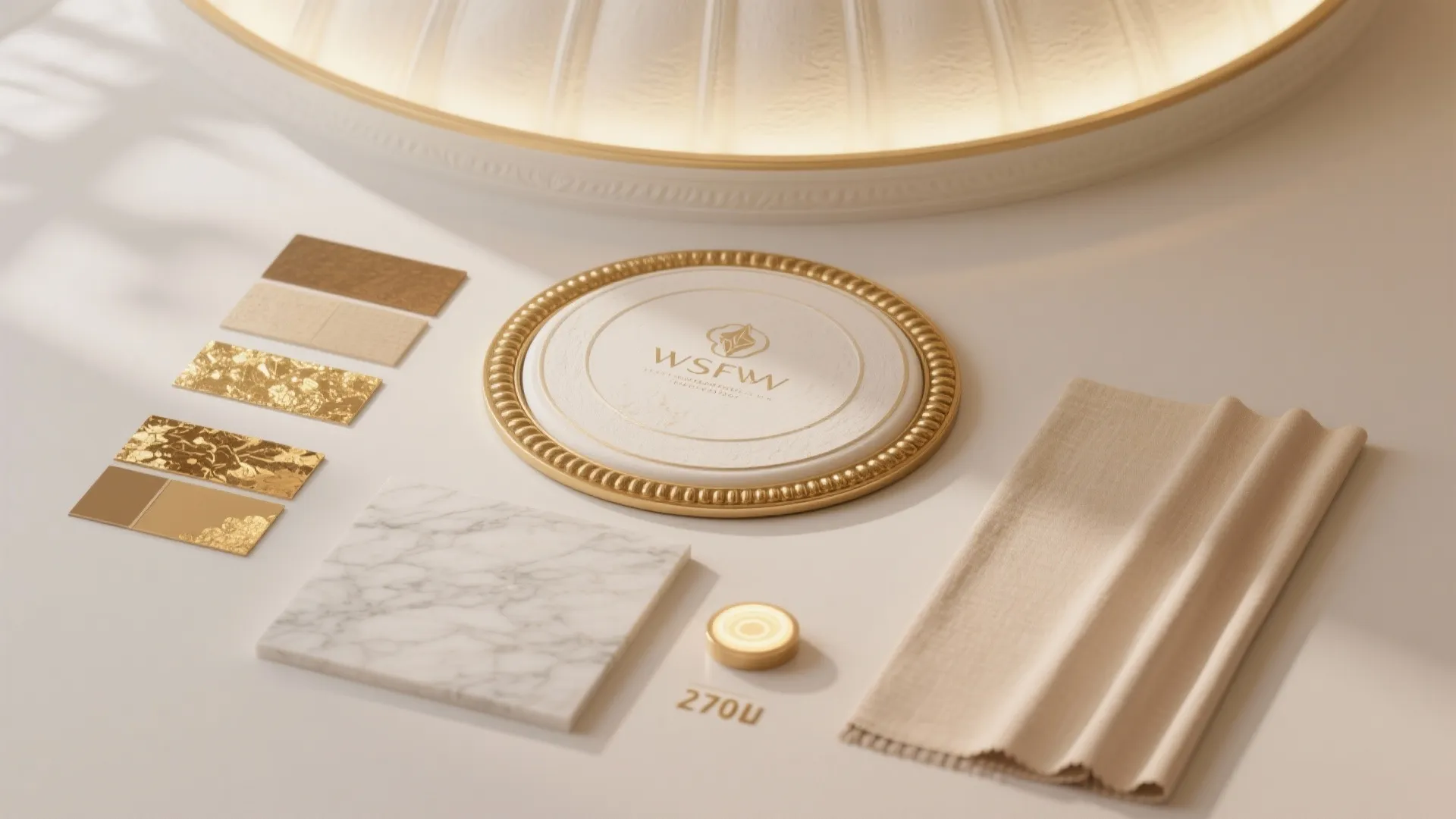 Interior design material board with marble tile gold samples beige fabric and a small light