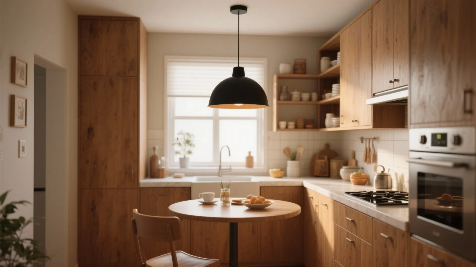 Modern kitchen with wood cabinets a round dining table and a black dome ceiling light