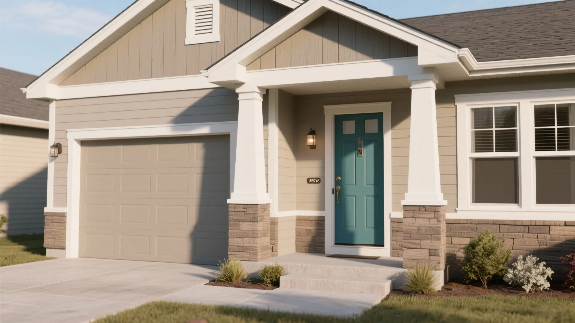 Suburban house showing a dominant warm greige body with white trim and a contrasting colored front door.