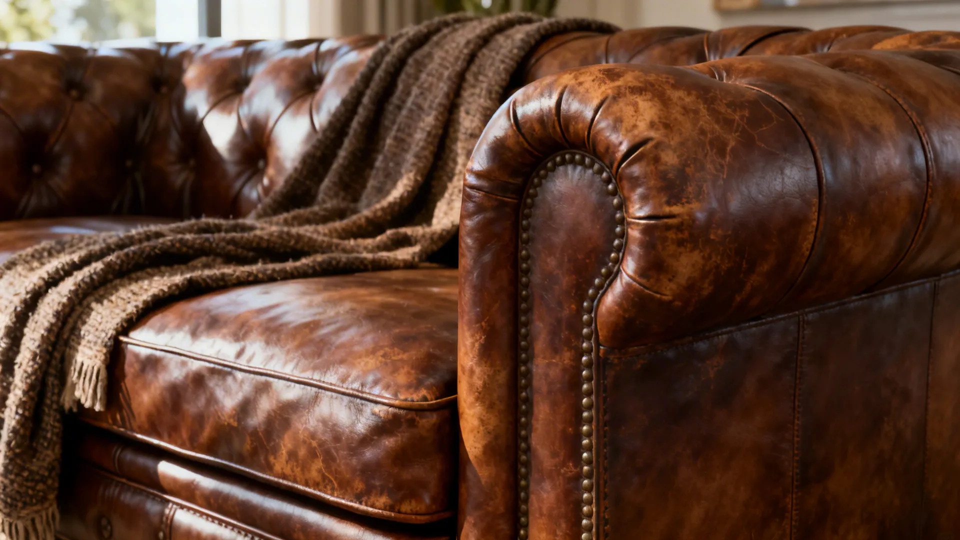 Close-up of a warm brown leather sofa showing grain, stitching and layered textiles.