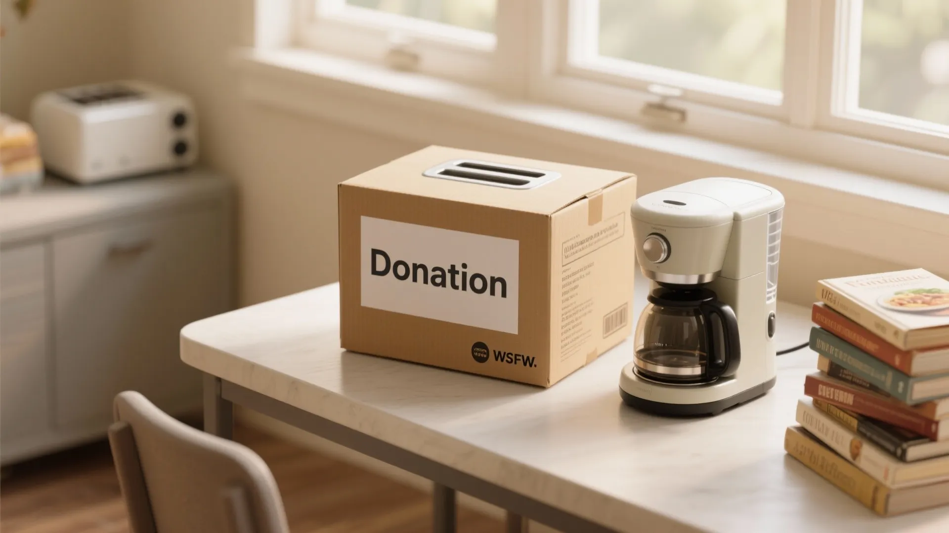 Boxed working toaster and coffee maker ready for donation on a table.
