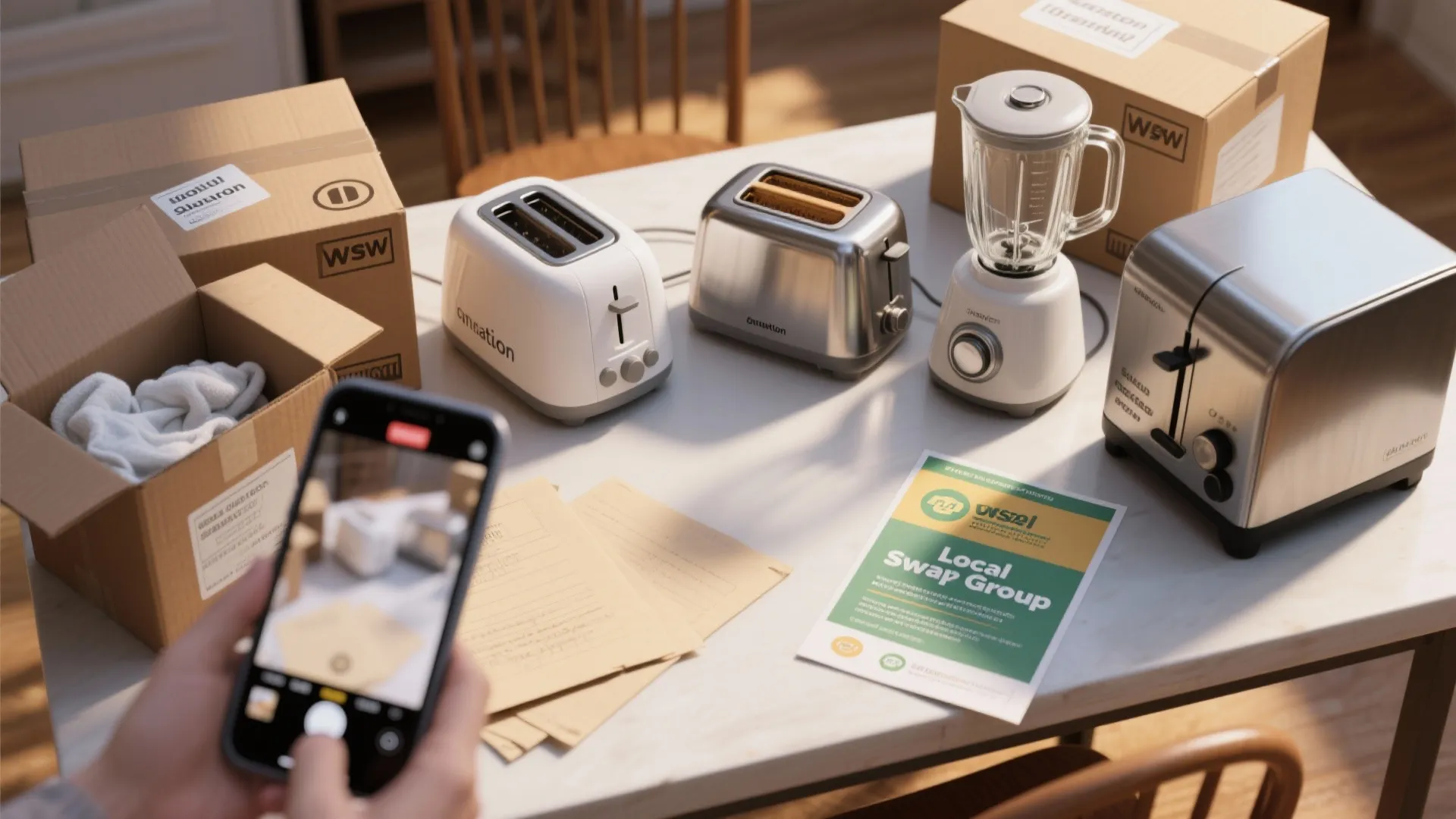 Top-down view of cleaned small appliances being prepared for donation with packing materials