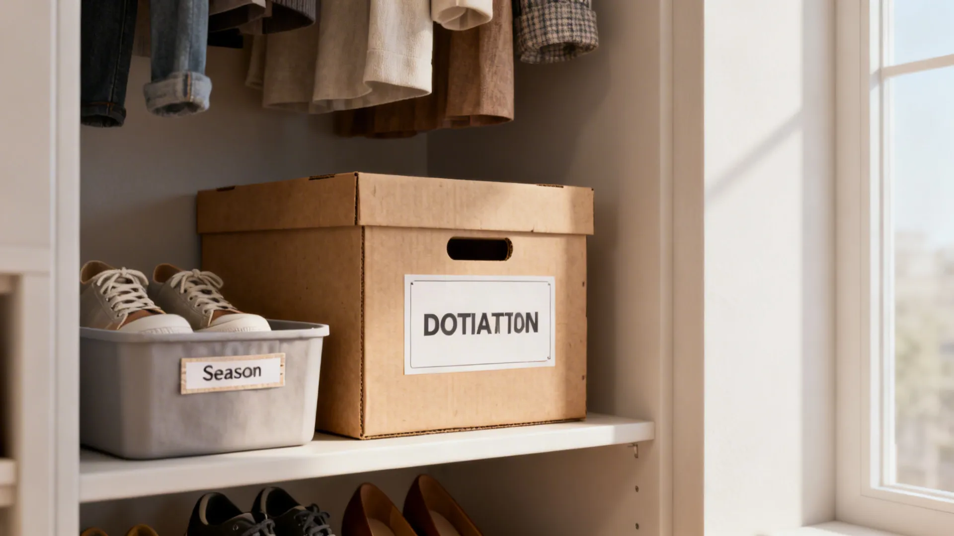 Labeled donation box and seasonal shoe bins keeping a closet organized