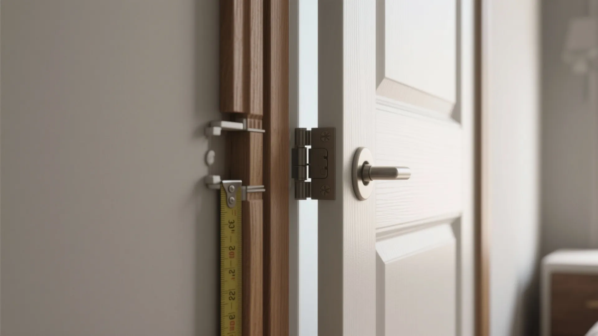 Close up of white door hinge and handle being measured with a yellow tape measure