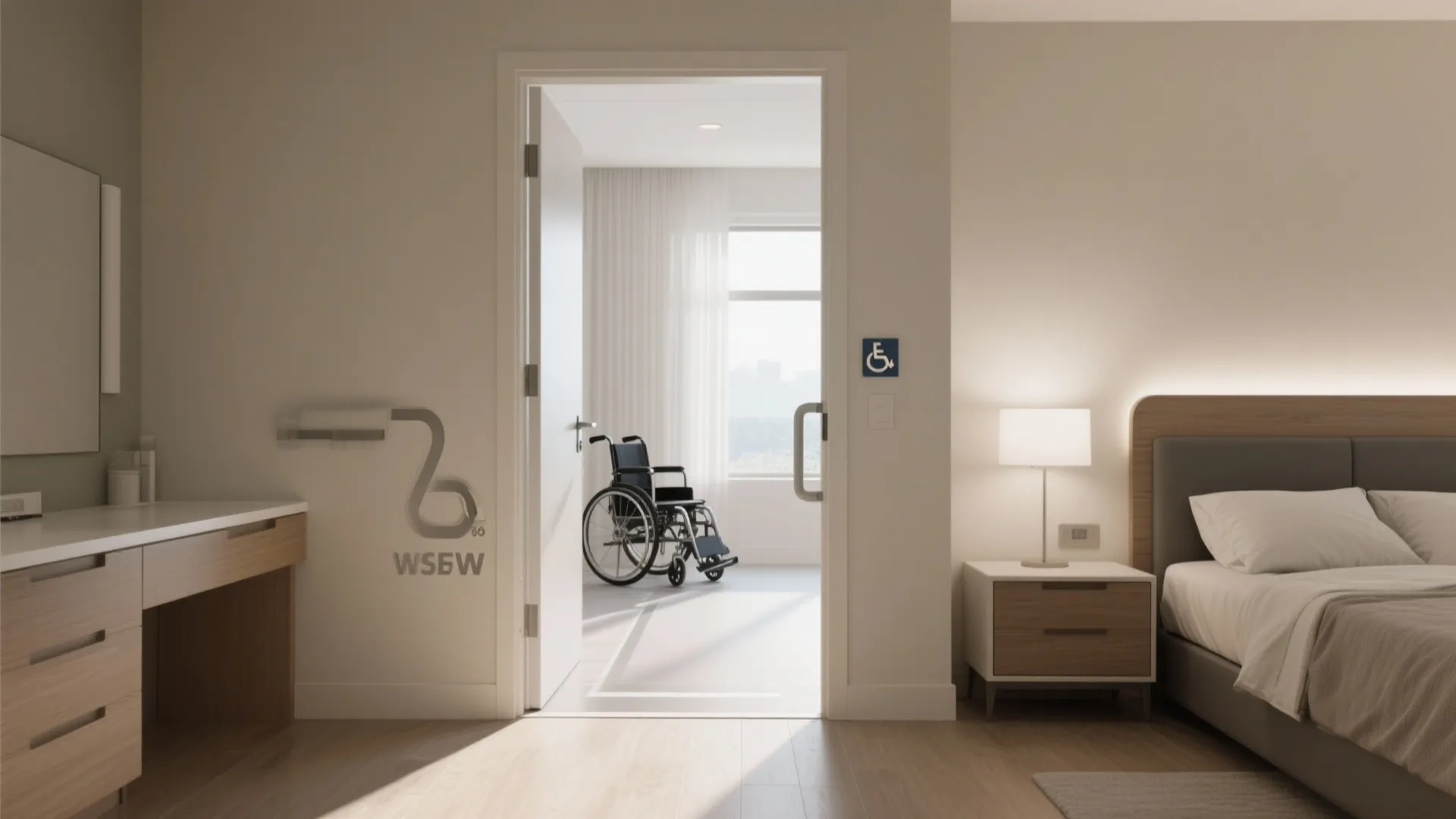 Accessible bedroom design with wide doorway and wheelchair visible through the open door inside room