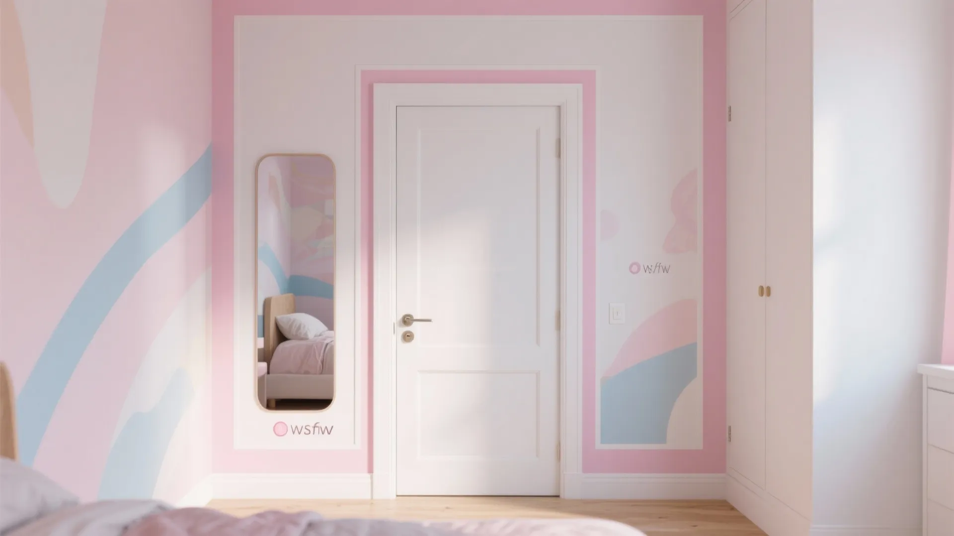 White bedroom door with pink and blue wall painting a tall mirror and white cabinet