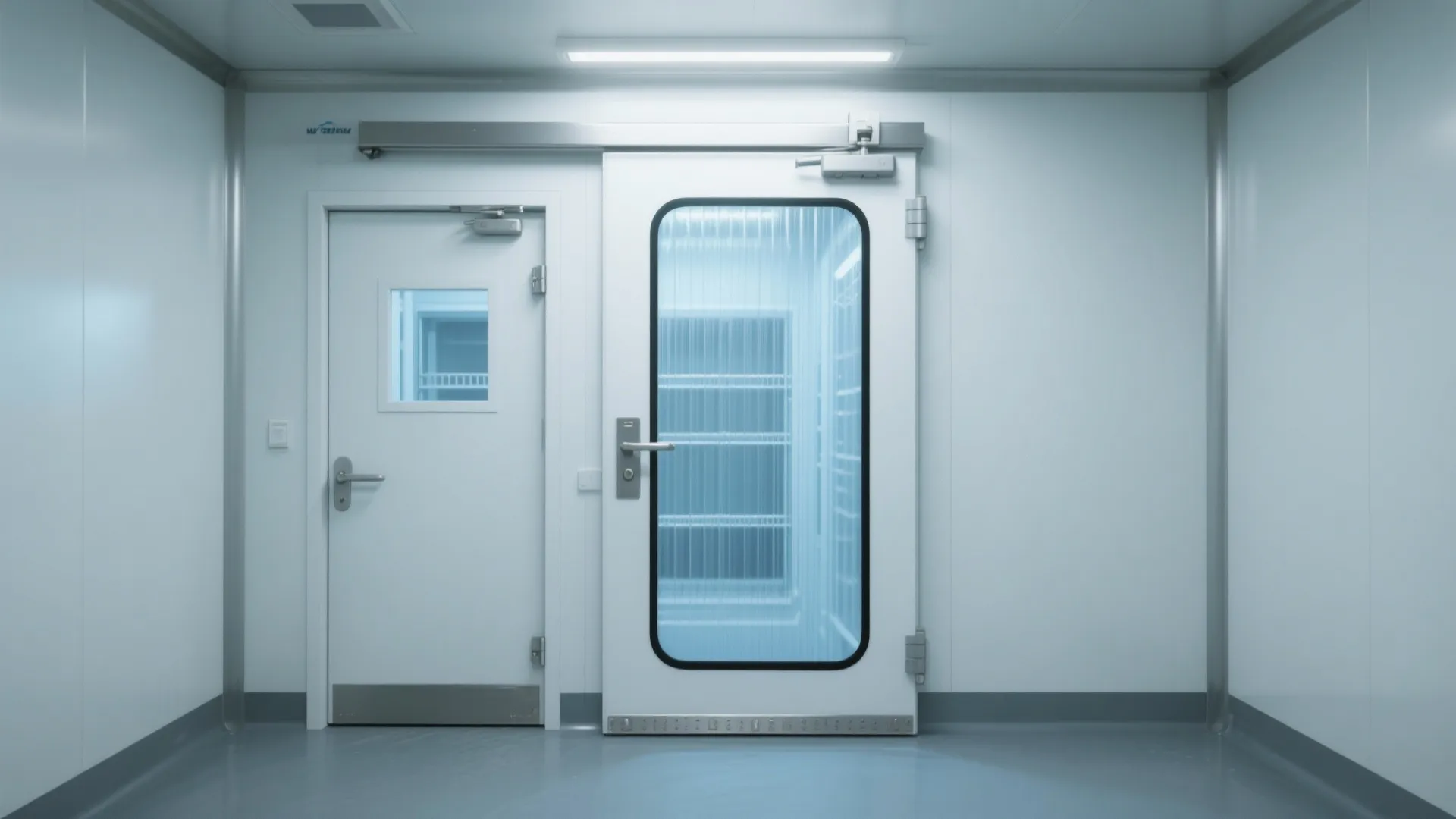 Modern white laboratory entrance with a sliding door and a smaller side door with windows