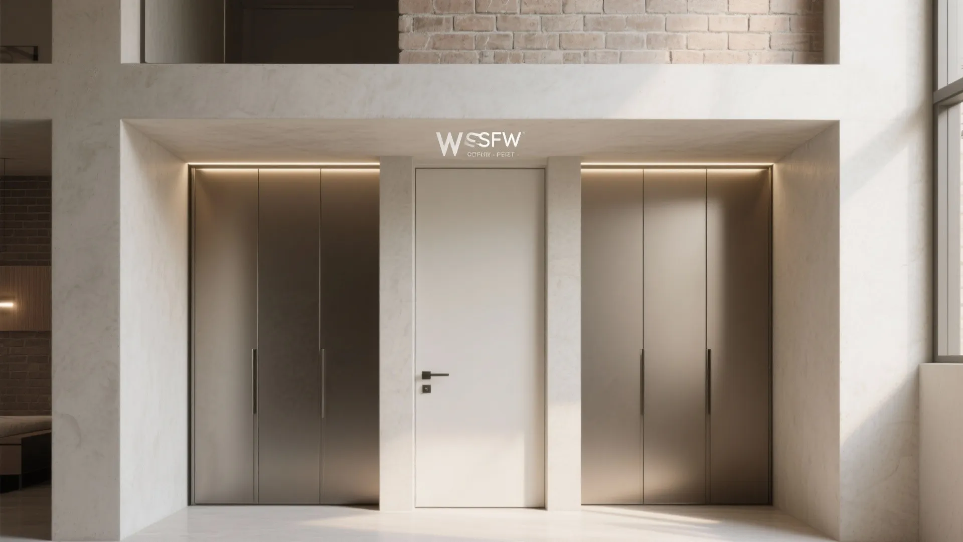 Wide view of door-frame alcove storage with an overhead loft, neutral microcement finish and balanced symmetry in a small bedroom.
