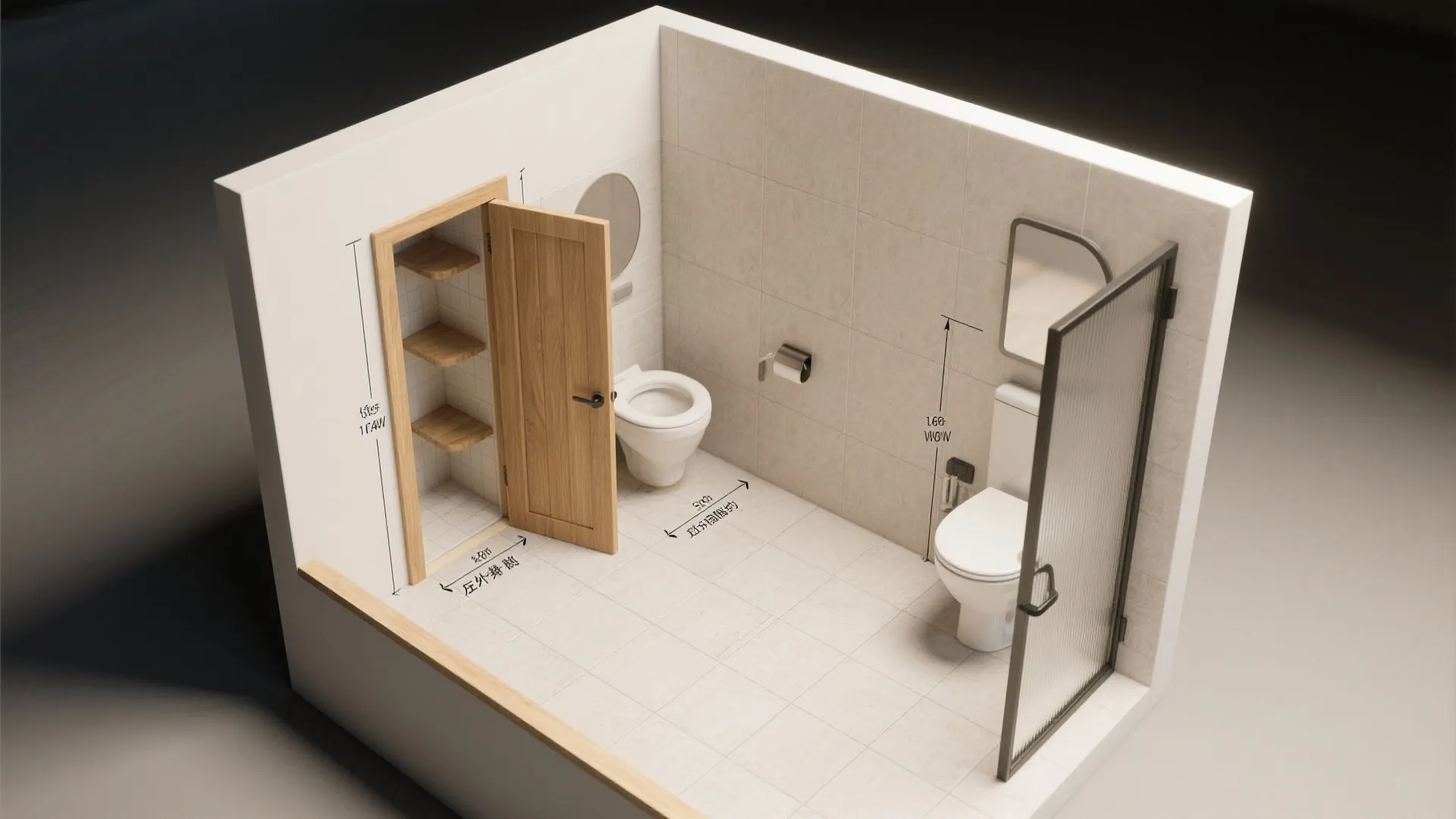 Top-down visualization comparing pocket door, inward and outward swing arcs in a tiny toilet layout.