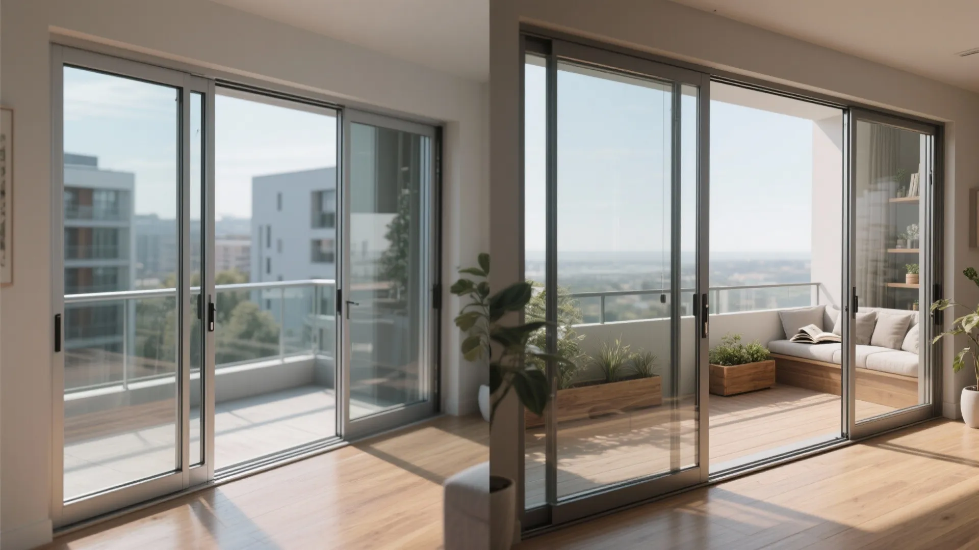 Comparison of empty balcony versus furnished balcony with seating and plants through sliding glass doors