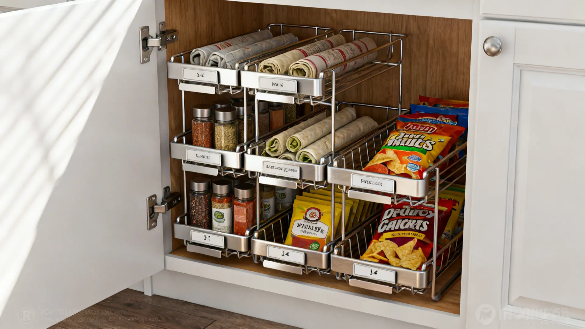 Close-up of shallow door-back racks organizing spices and wraps on a pantry door.