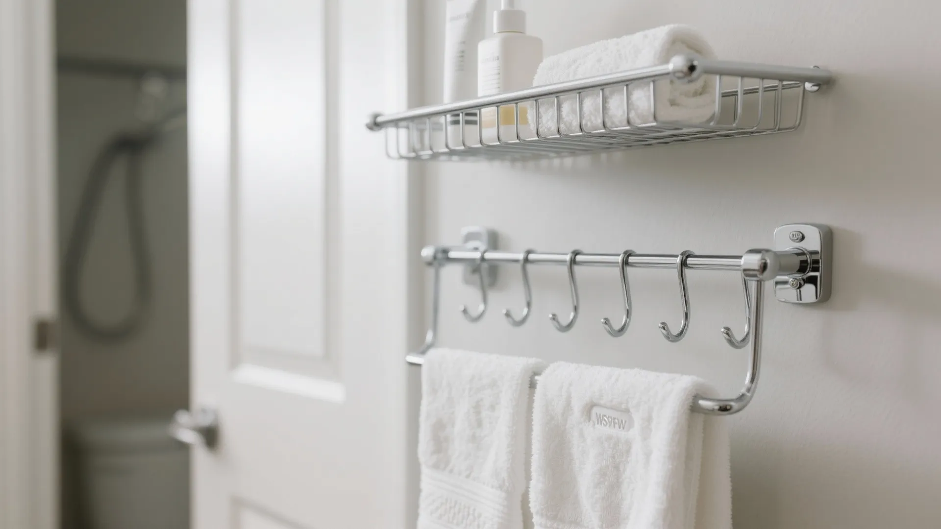 Metal wall shelf and towel rack with hooks holding white towels and small bathroom bottles