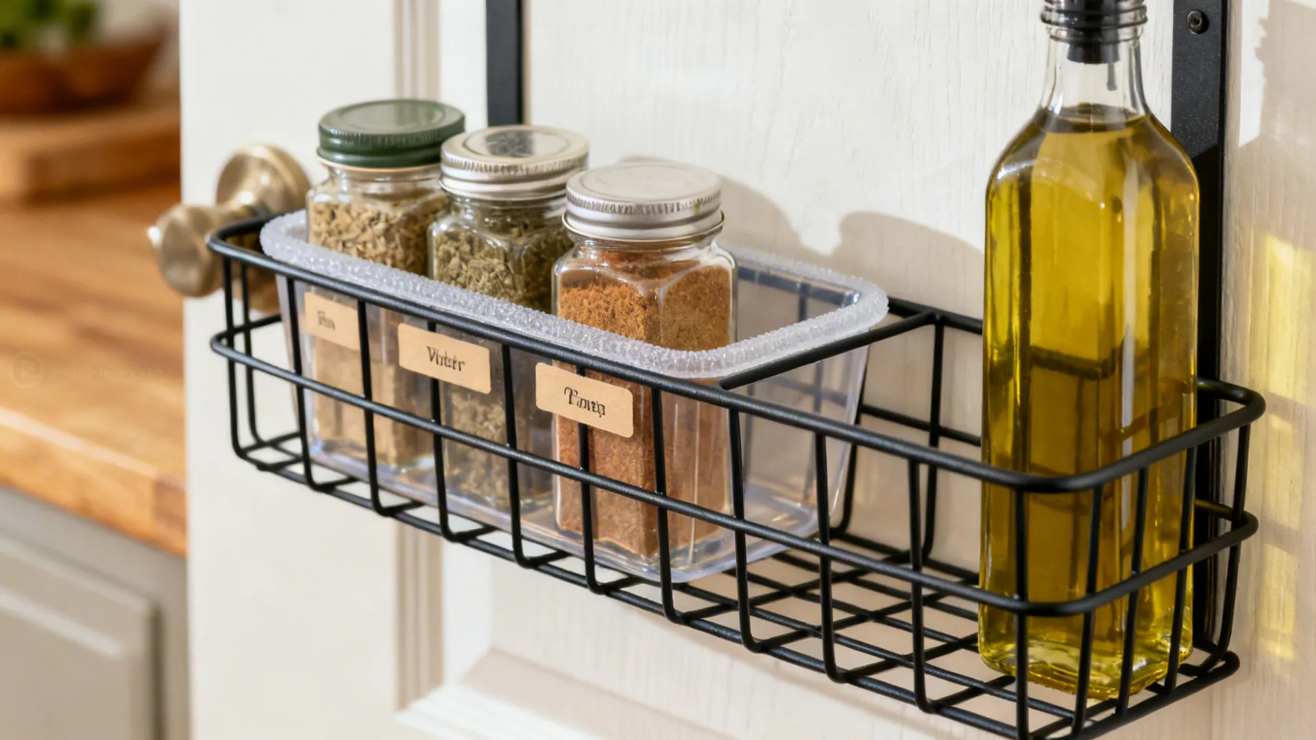 Close-up of wire door basket with spice jars and oils on non-slip liners with simple labels.