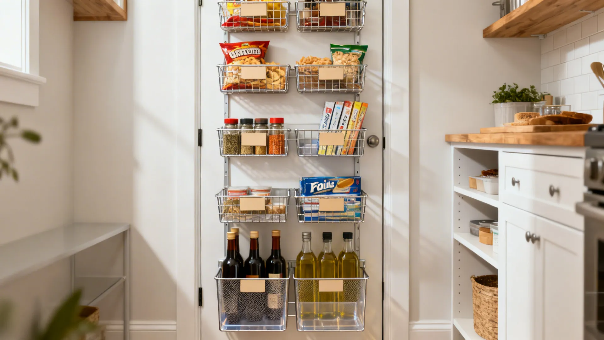 Over-the-door wire basket pantry with snacks, spices, wraps, and oils arranged by tier in a small kitchen.